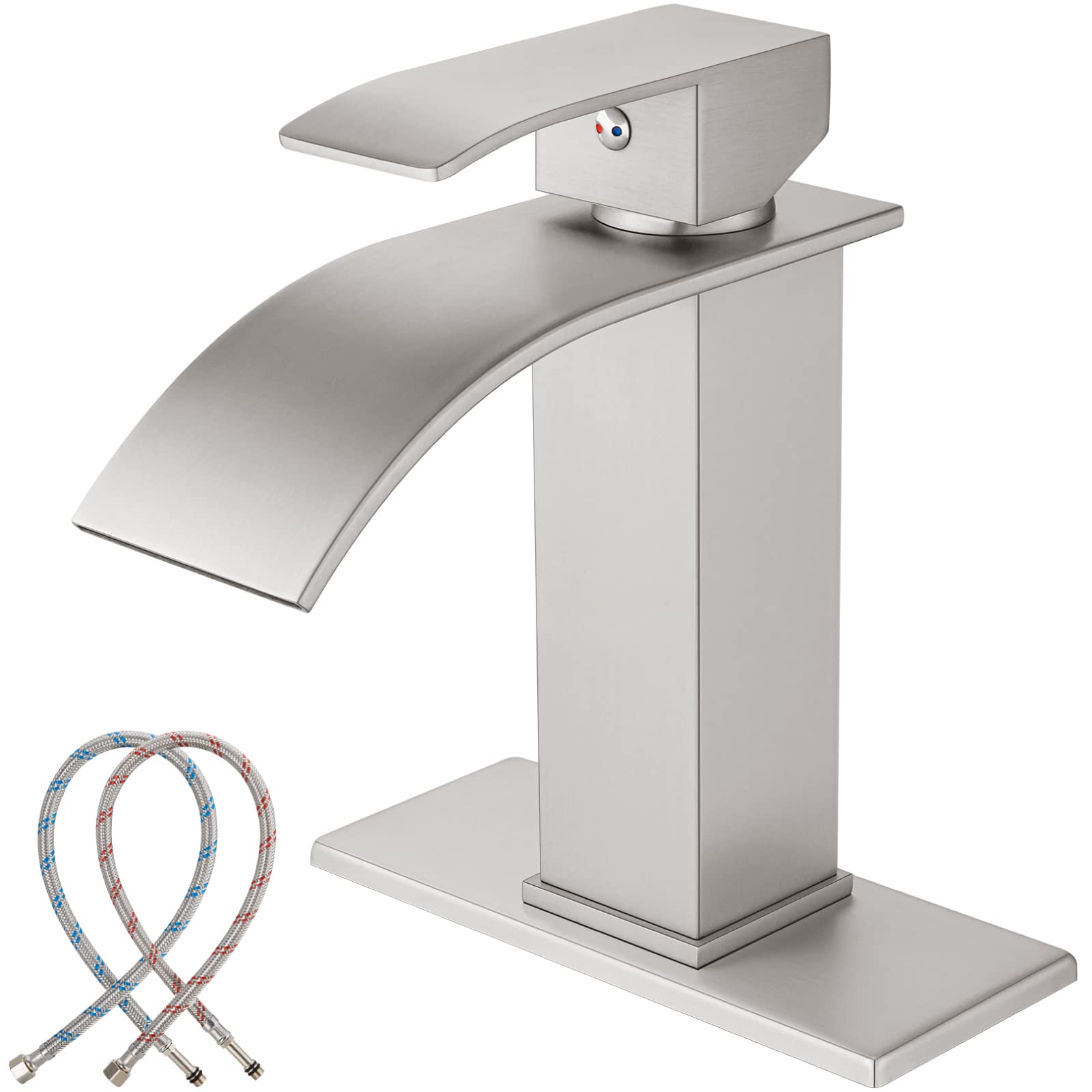 Midanya Brushed Nickel Bathroom Sink Faucet Waterfall Spout Single Handle 1 Hole Deck Mount Hot & Cold Water Mixer Tap Lavatory Vanity Sink Faucet Commercial with Deck Plate