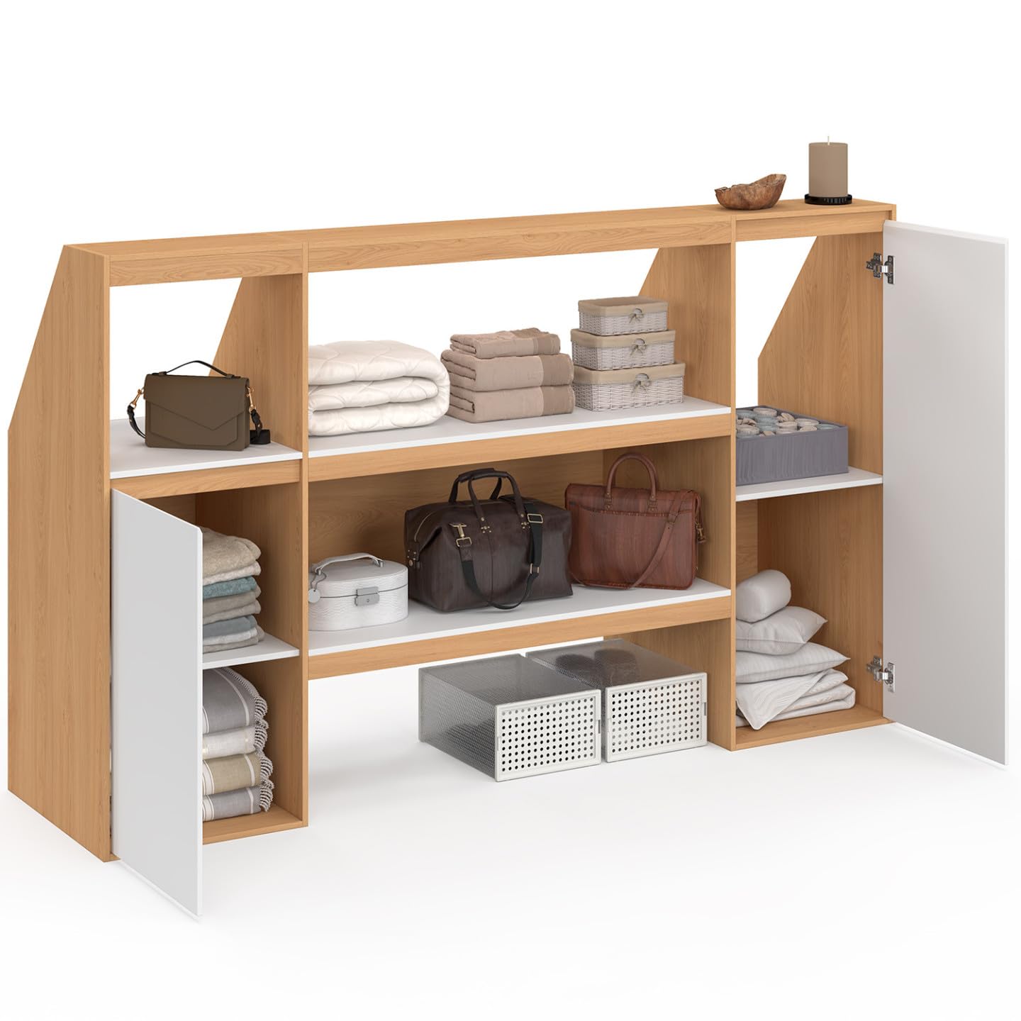 TOMI Set Regal 2 Ebenen Schrank 1 Tür Nische unter Dachschräge Buche Weiß
