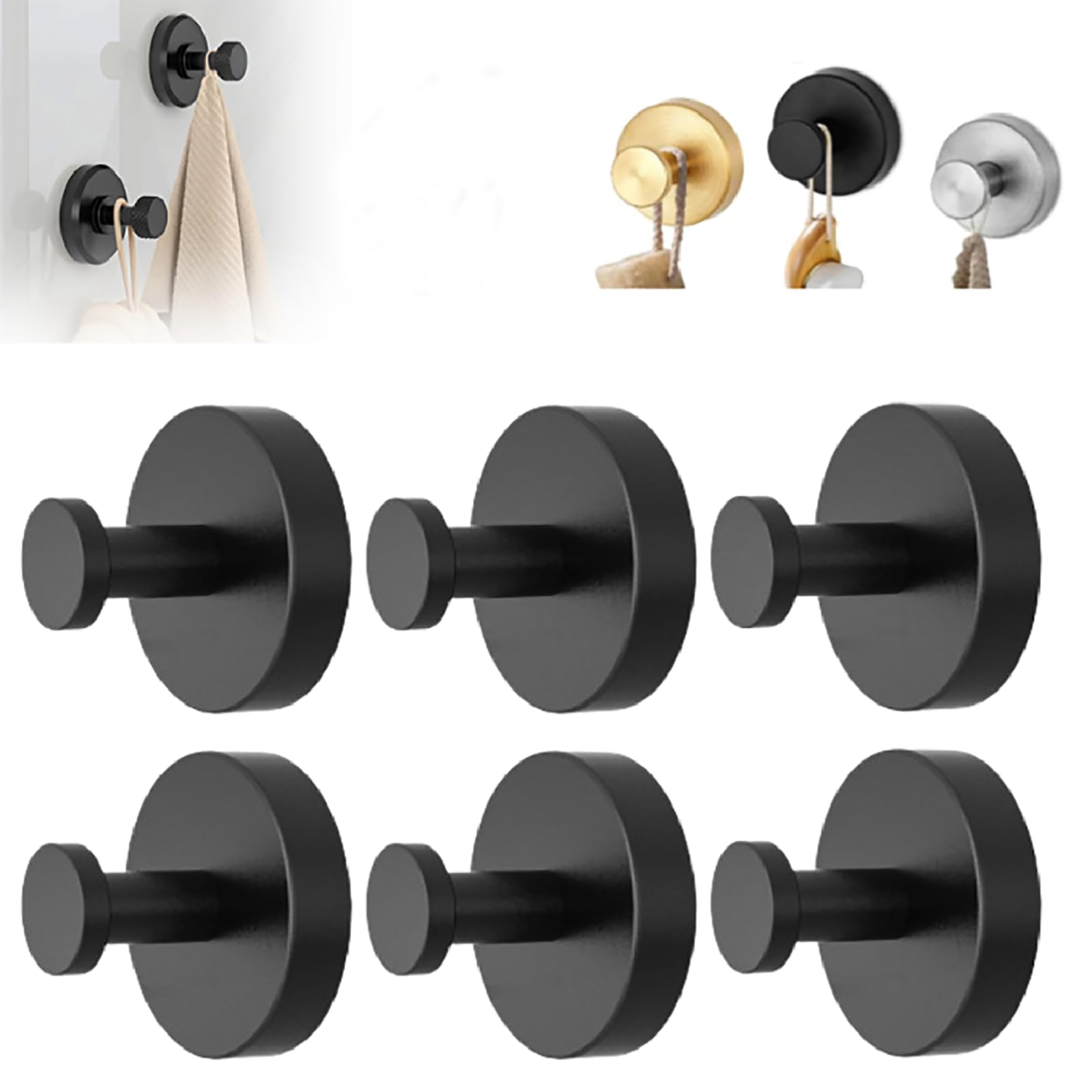 Ganchos de ventosa para ducha, ganchos fuertes con ventosas, sin taladro, de acero inoxidable, para ducha, espejo, baño, toallas, perchas de succión (negro, paquete de 6)