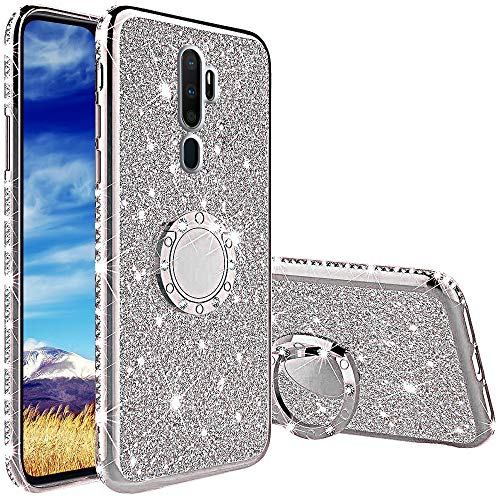 Funda para OPPO A9 2020, Glitter Brillante Diamante con 360 Grado Anillo Kickstand Ultra Delgada Premium Fina Resistente Silicona TPU Doble Capa Anti Choques Protectora Carcasa - Plata