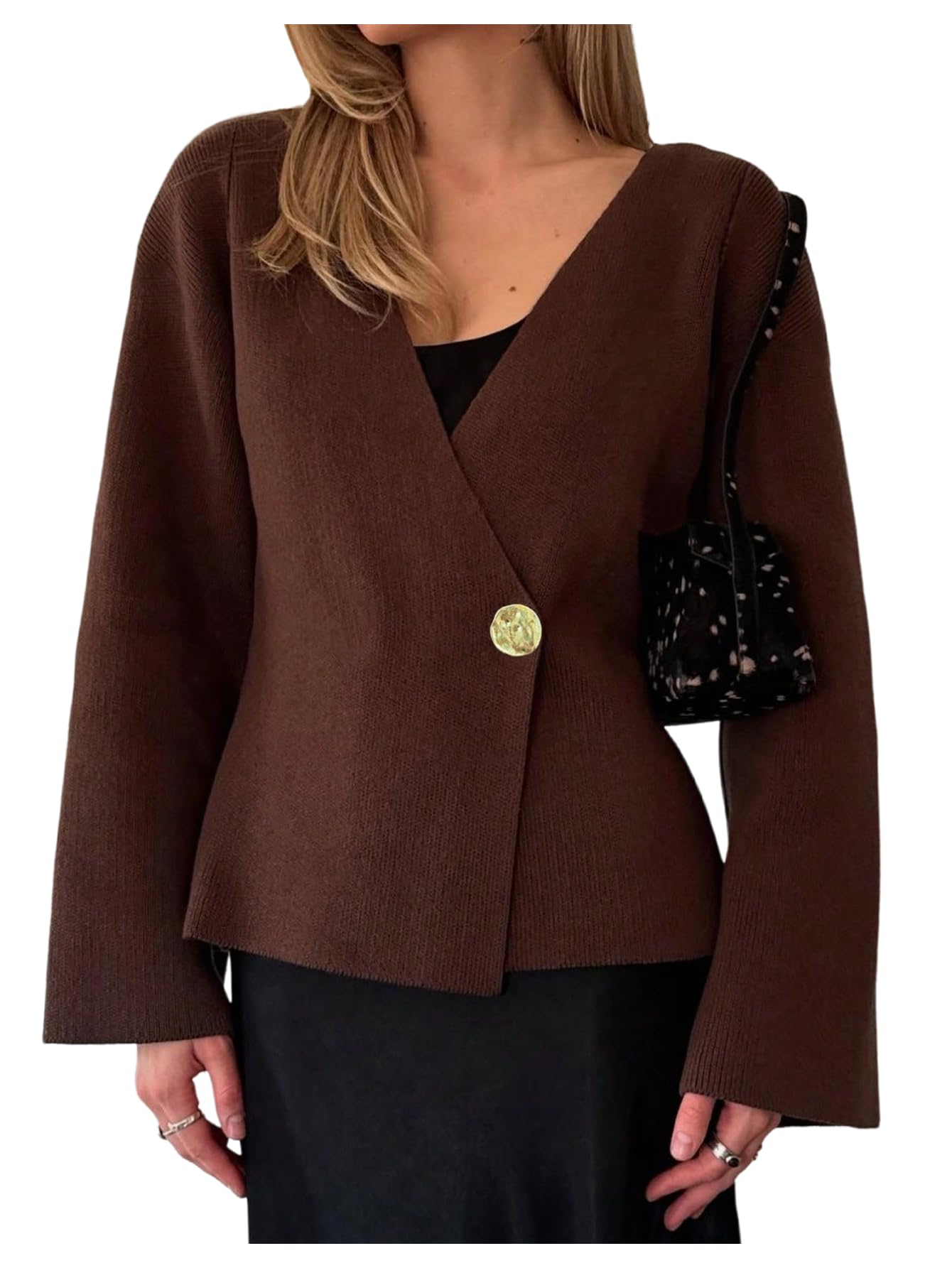 SHENHE Womens V Neck Gold Button Cardigan Bell Sleeve Fall Dressy Cardigan Sweater Old Money