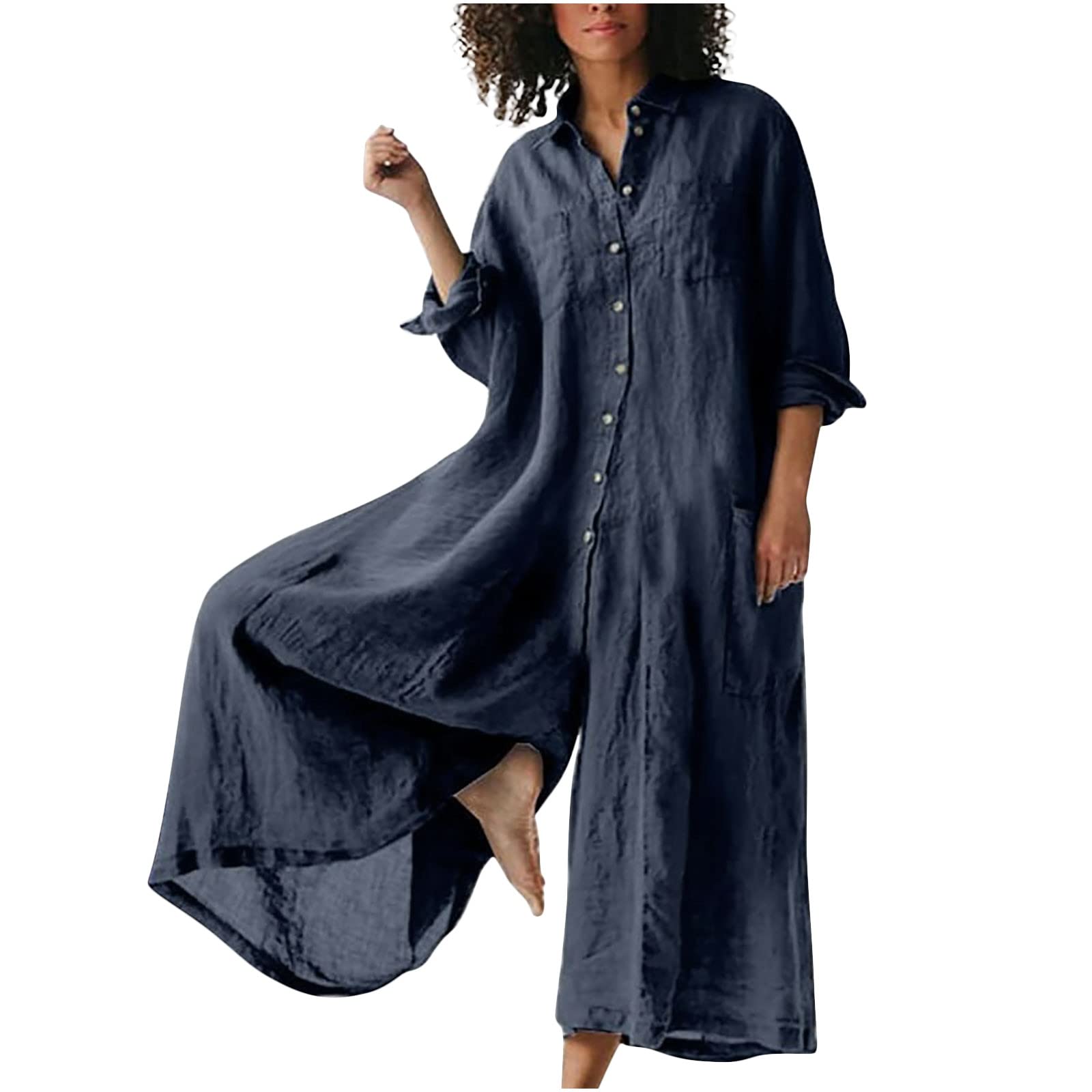 Women Linen Button Down Long Sleeve Wide Leg Jumpsuit Beach Palazzo Pants One Piece Jumpsuit Plus Size Summer Outfits