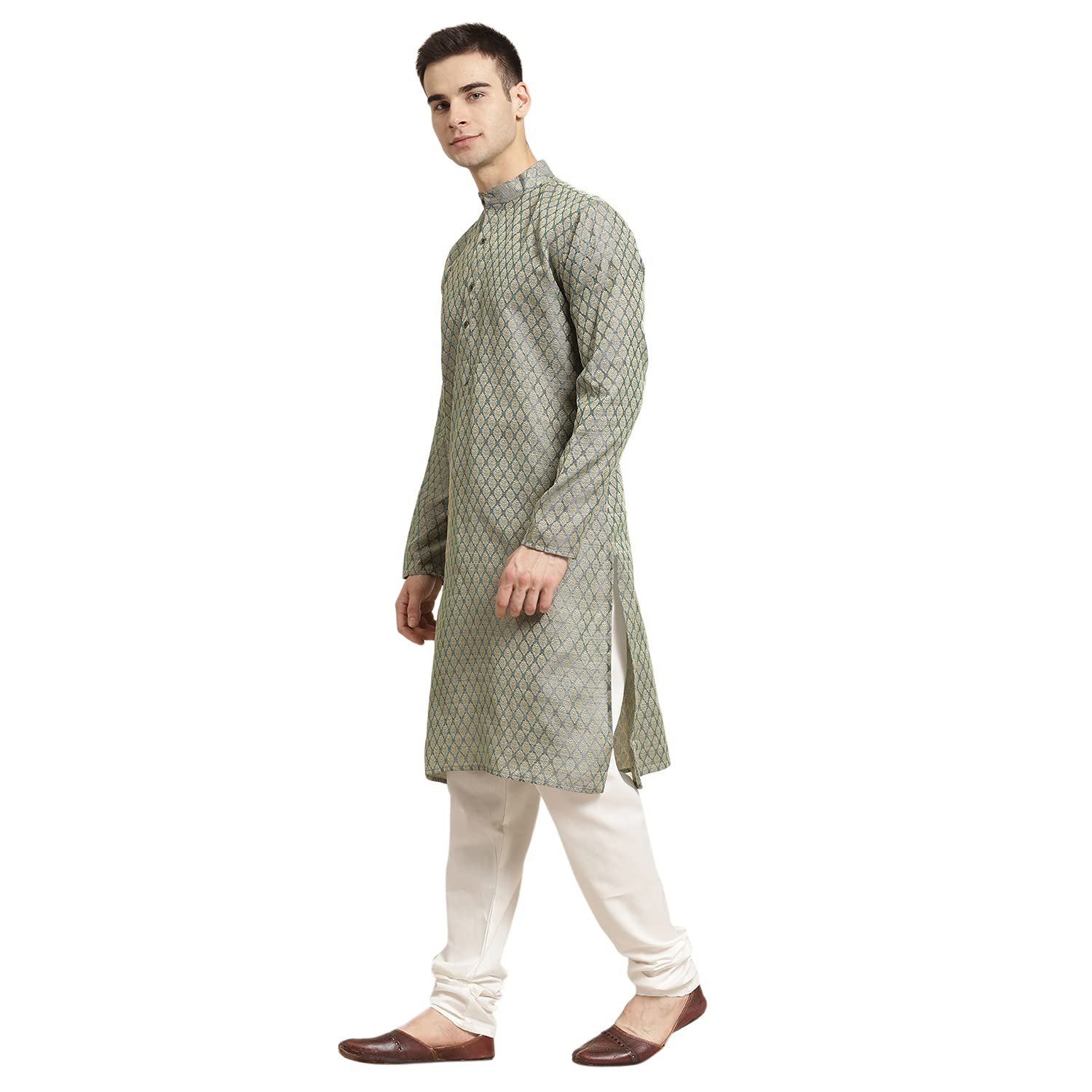 Sojanya (Since 1958 Men's Jacq Silk Teal Green Self Design Kurta & Off-White Churidar Pyjama Set