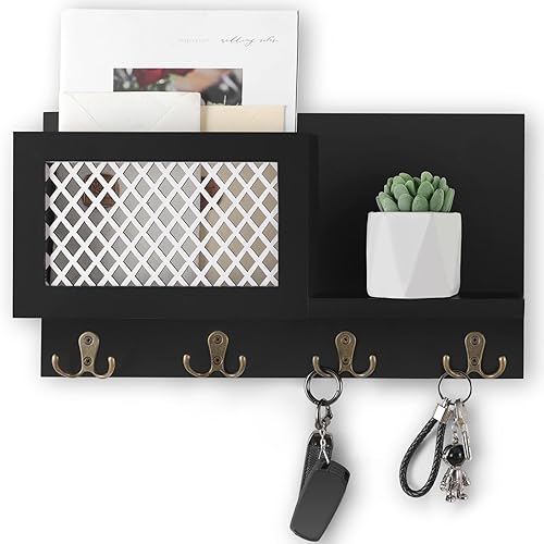 Soporte decorativo para llaves y correo para pared, organizador rústico de correo, organizador de cartas de madera con 4 ganchos para llaves para