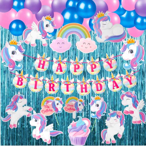 Image of Party Decorz Unicorn Theme Birthday Decoration Set Of 47pcs(1pcs Happy Birthday Banner +12pcs Unicorn Paper Cutout +2pcs Props +1pcs Cake Topper+1pcs Blue Curtain +30pcs Balloons) For Rainbow Theme