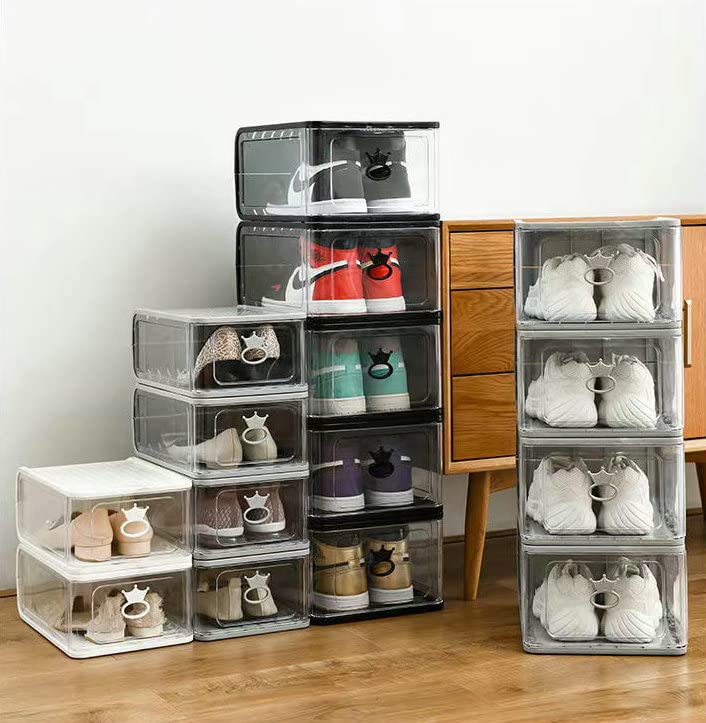 URbazaar4Pcs Clear Plastic Shoe Storage Transparent Stackable Organizer box,Clear Acrylic Shoe Box,with Pull Ring Opening Door, Can Fully Transparent for Display Sneakers(33 * 26.5 * 17.5cm)