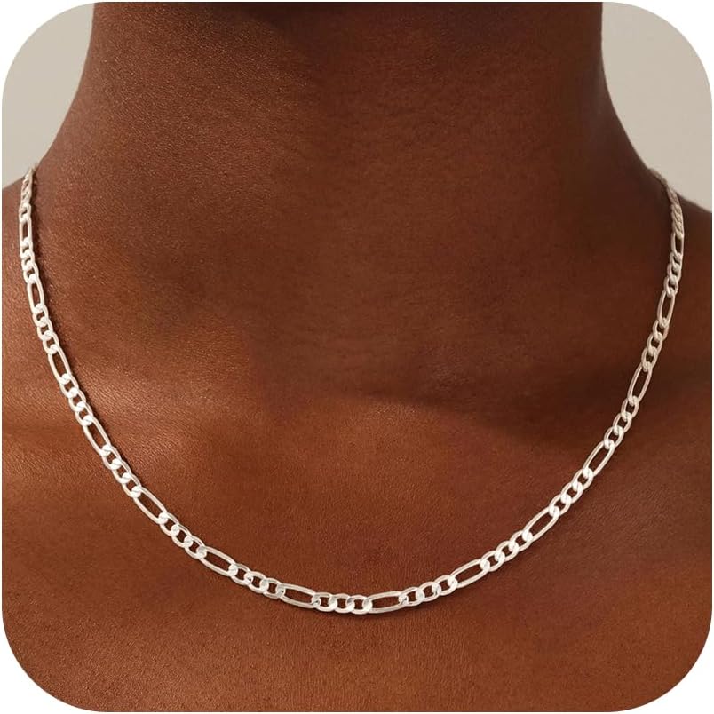 S925 Sterling Silver Chain Necklace for Women - 3mm/4mm Figaro Chain Necklace Italian Solid Thick Sturdy Colourfast Jewelery Gift for Women, 16 18 20 22 Inch