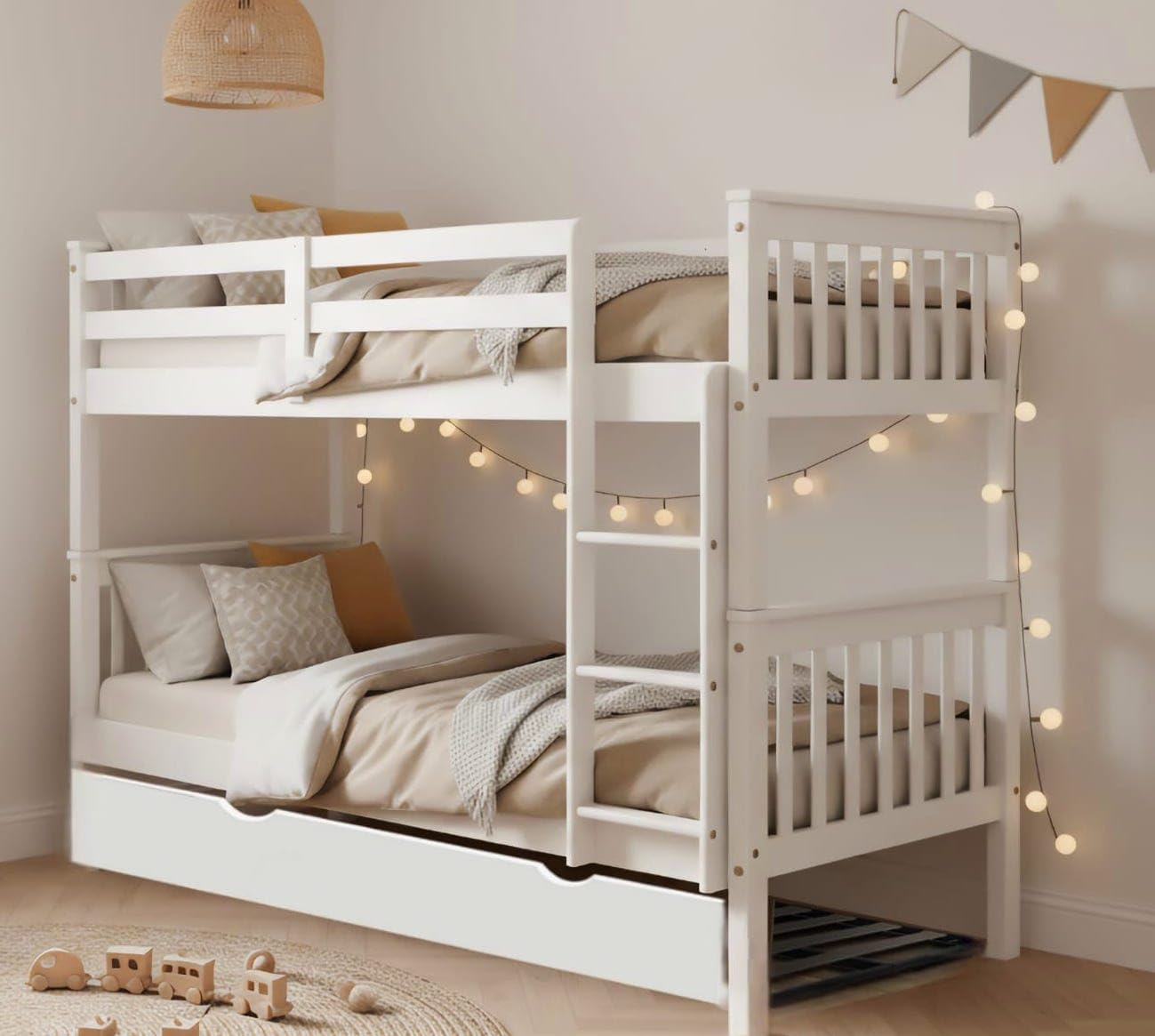 Genérico MUEBLESYA Litera Triple de Pino Macizo con Seguridad Certificada, 3 Camas 90x190 cm con Cama Nido, Estructura Convertible y Escalera Reversible, Blanco Lacado
