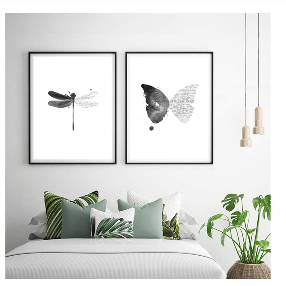 Cuadro en Lienzo Estilo nórdico Arte de la Pared Cartel de la Mariposa libélula Marco Blanco y Negro Decoraciones Imagen para la Sala 60x90cm (23.6 "x35.4) x2 con Marco