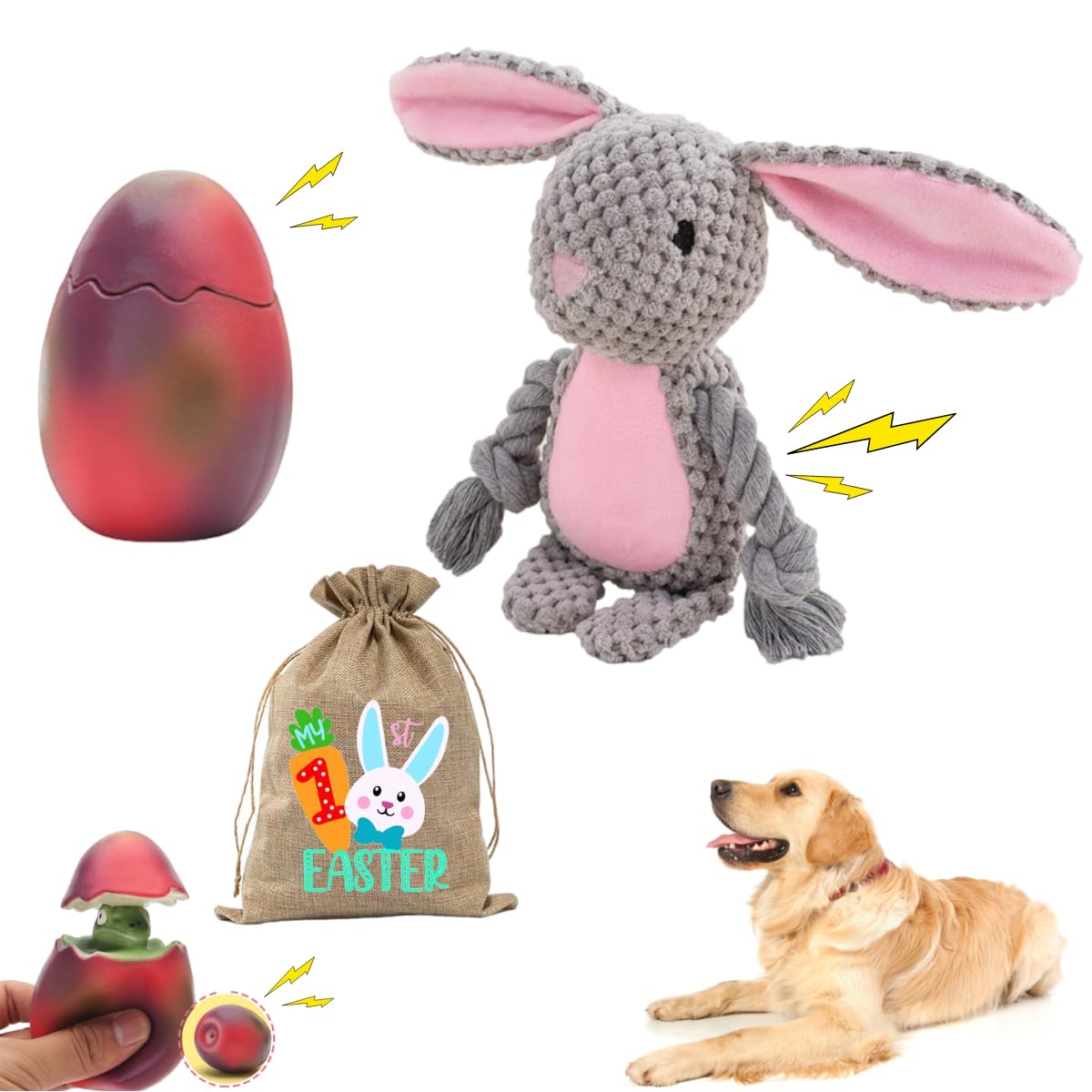 Litle Bean 3 Pack Hund Quietsche Spielzeug Plüsch Kaninchen & Gummi Ei & Plüsch Karotte Quietsche Hundespielzeug mit Einer Tasche für kleine mittlere Hunde Interaktive Hundespielzeug Set