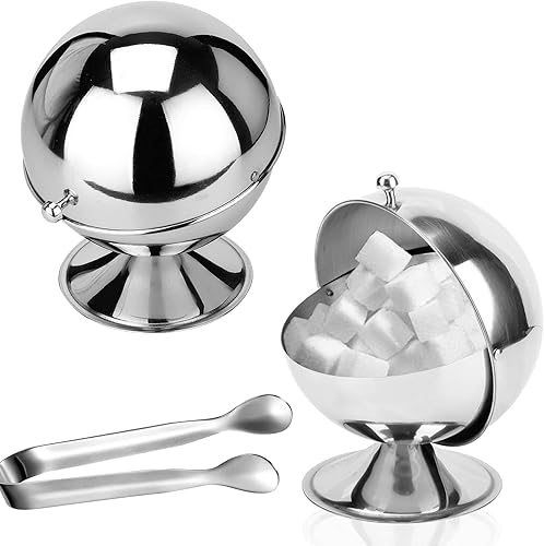 Miniatura 7 de EATAKWARD Azucarero con tapa enrollable de acero inoxidable esférico para dulces con pinza de azúcar de 4.3 pulgadas, clip de azúcar inoxidable para