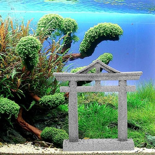 Image of livelyfish Japanese Fish Tank Decorations Asian Aquarium Decor Torii Gate Ornament Japanese Shrine Oriental Pagoda Aquarium Sandstone Bridge Statues Betta Fish Decorations for Tank, L2