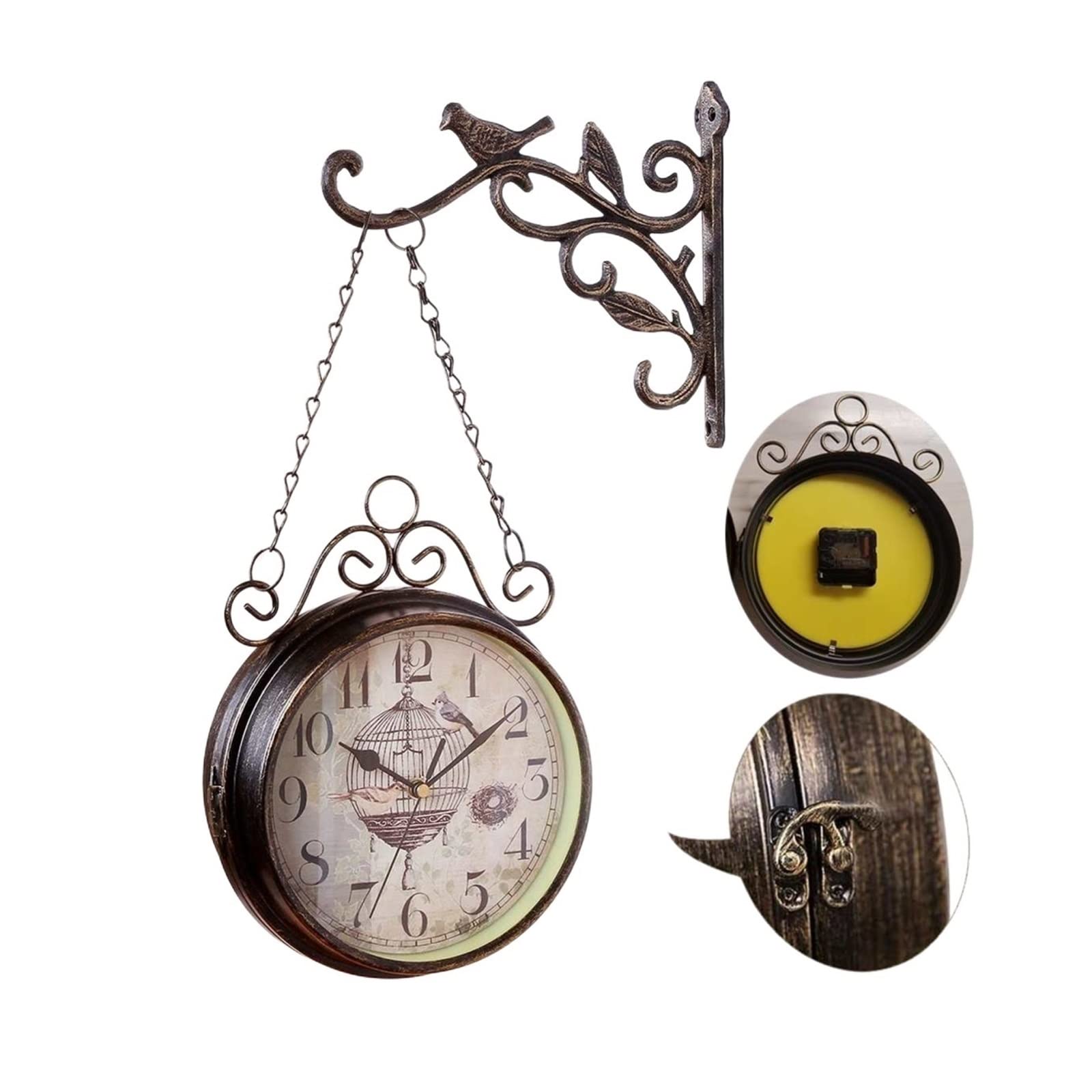 MYUYEE Antique Double Sided Wall Clock Round Mount Hanging Station Silent Chic Vintage Retro Decor Easy to Hang