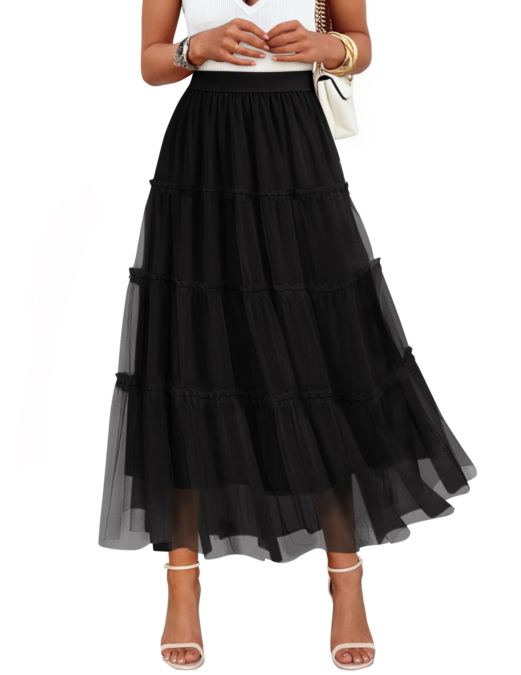 ZESICA Womens Tulle Maxi Skirt A-Line Flowy Ruffle Tiered Elastic High Waist 2026 Fall Trendy Midi Long Skirts