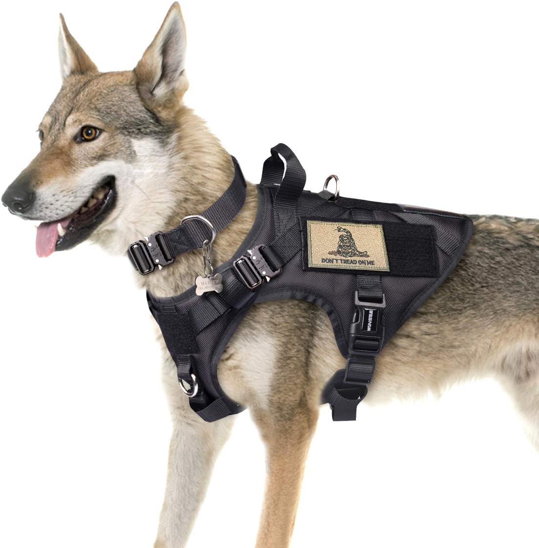 WINSEE Tactical Dog Harness and Collar Large, 3X Metal Buckles, Working Dog MOLLE Vest with Handle & Loop Panels, No Pull Adjustable Training Pet Harness with Leash Clips for Walking Hiking Hunting