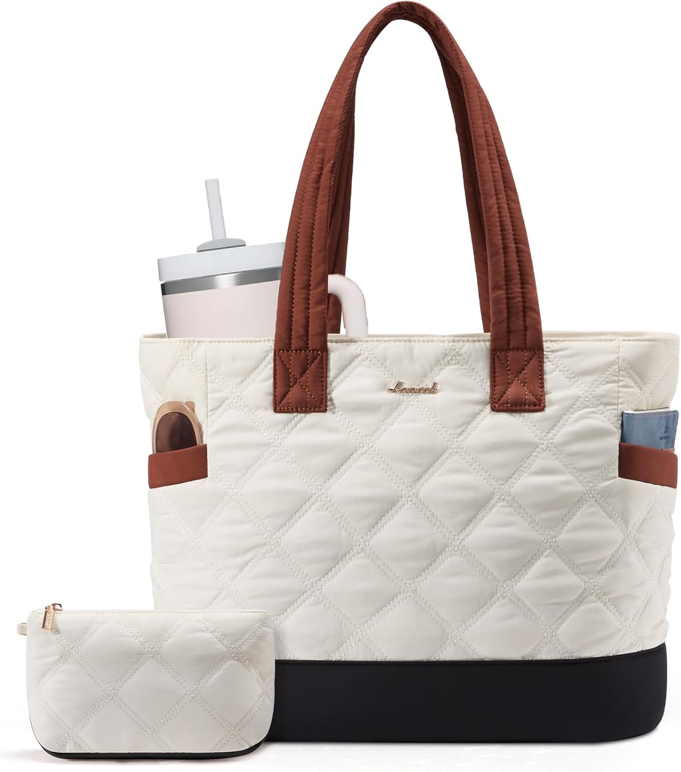 LOVEVOOK Tote Bag for Women, Quilted Work Puffer Bag with Large Cup Holder for Travel, Daily, Nurse Teacher Bag Handbag