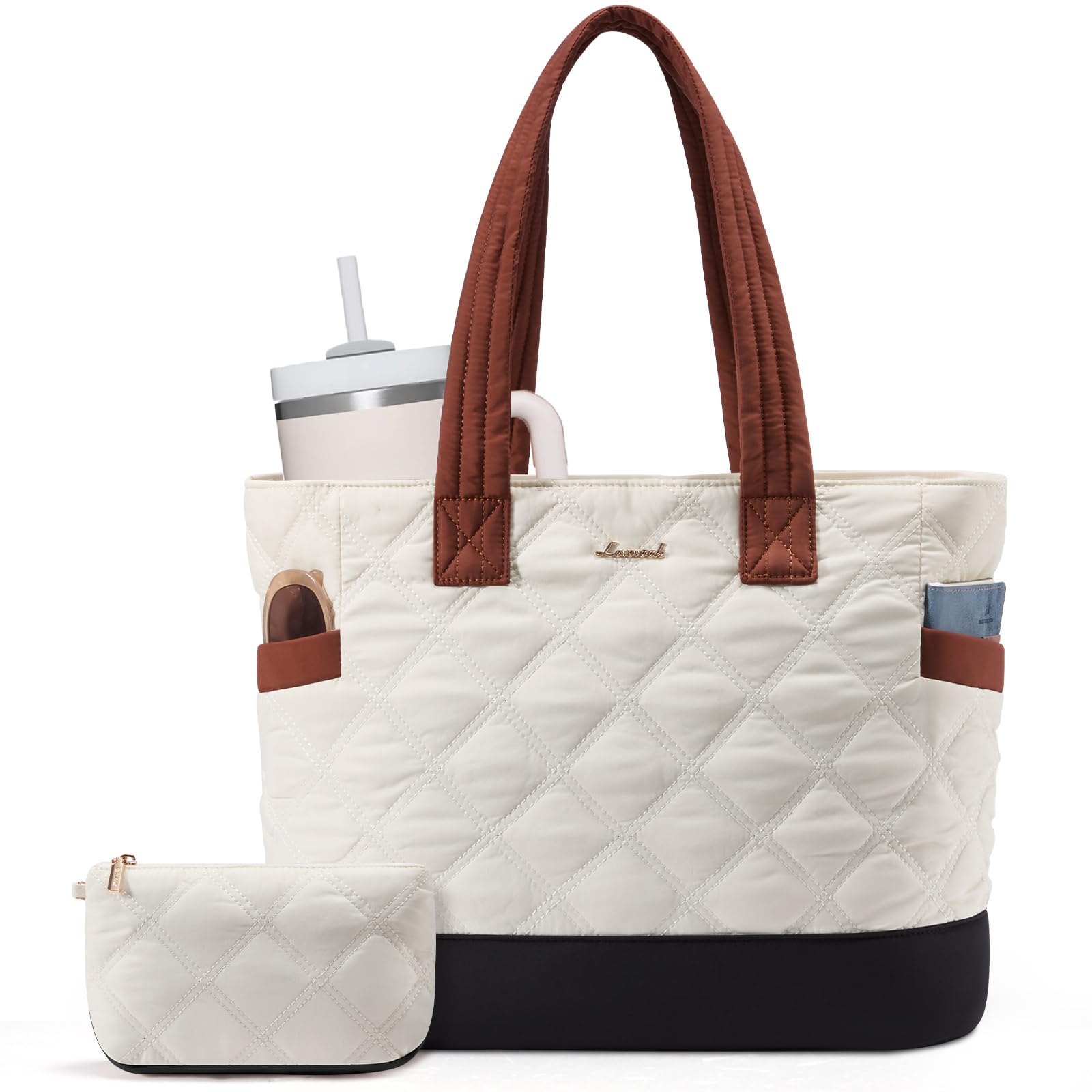 LOVEVOOK Tote Bag for Women, Quilted Work Puffer Bag with Large Cup Holder for Travel, Daily, Nurse Teacher Bag Handbag