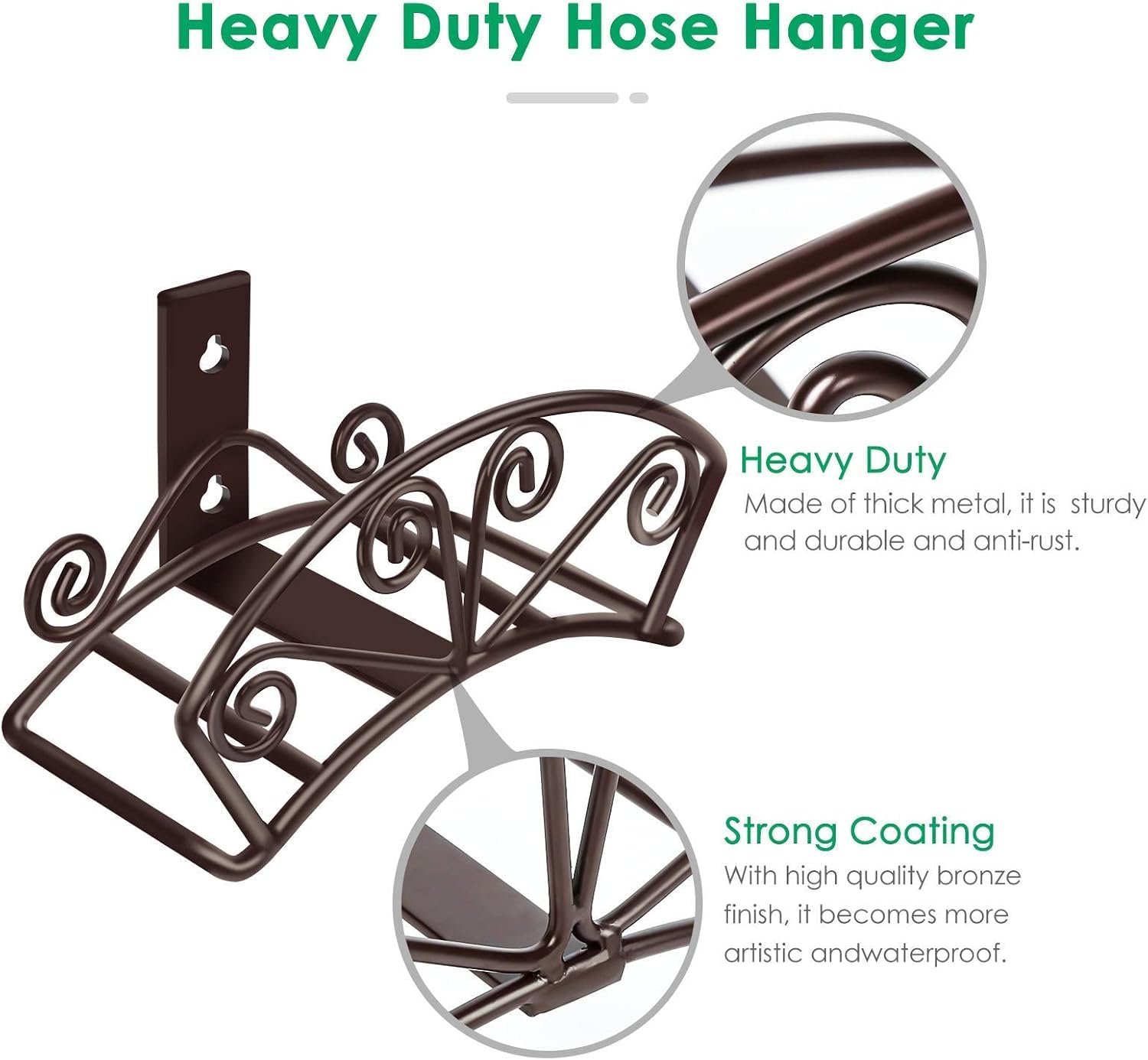 TomCare Soporte para manguera de jardín, resistente, soporte de manguera de metal sólido, soporte de pared decorativo duradero para jardín, manguera de almacenamiento, carrete de manguera organizador