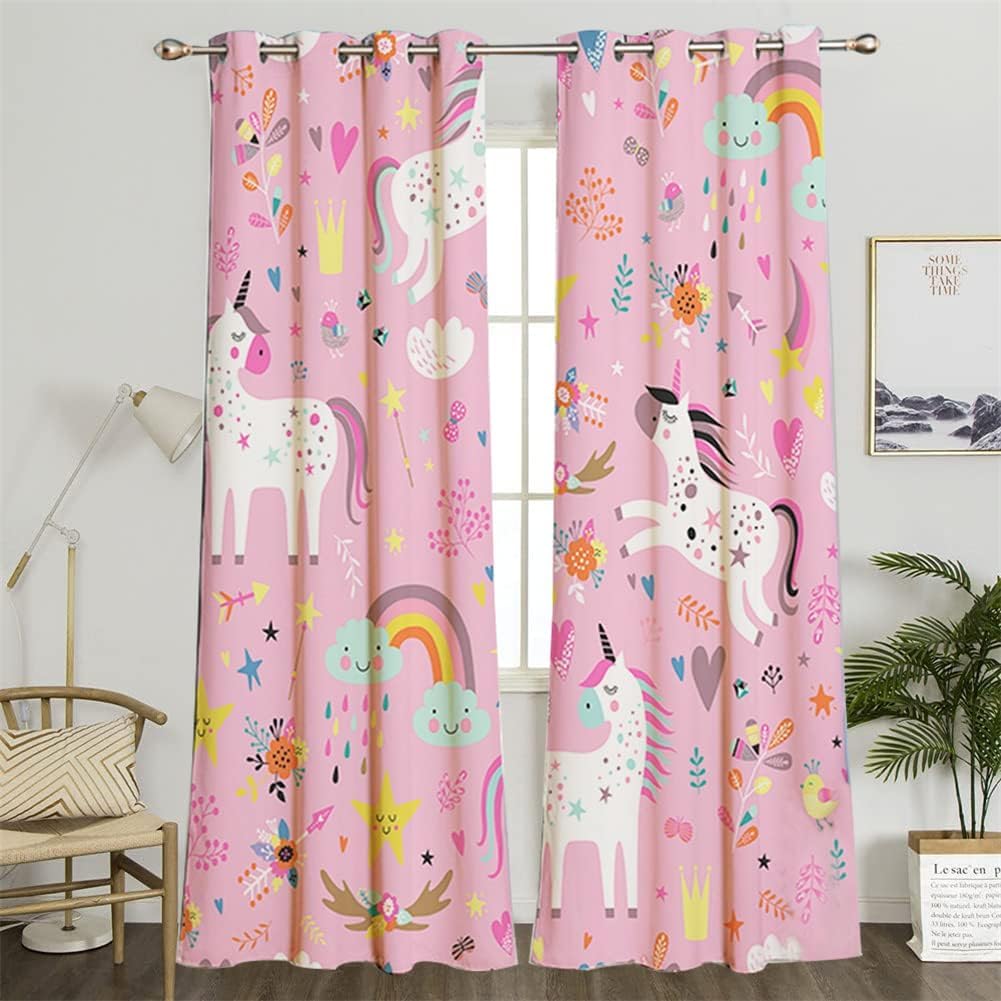 Rideaux Enfants Licorne Étoiles Rose Œillets 160×107 cm Chambre Fille
