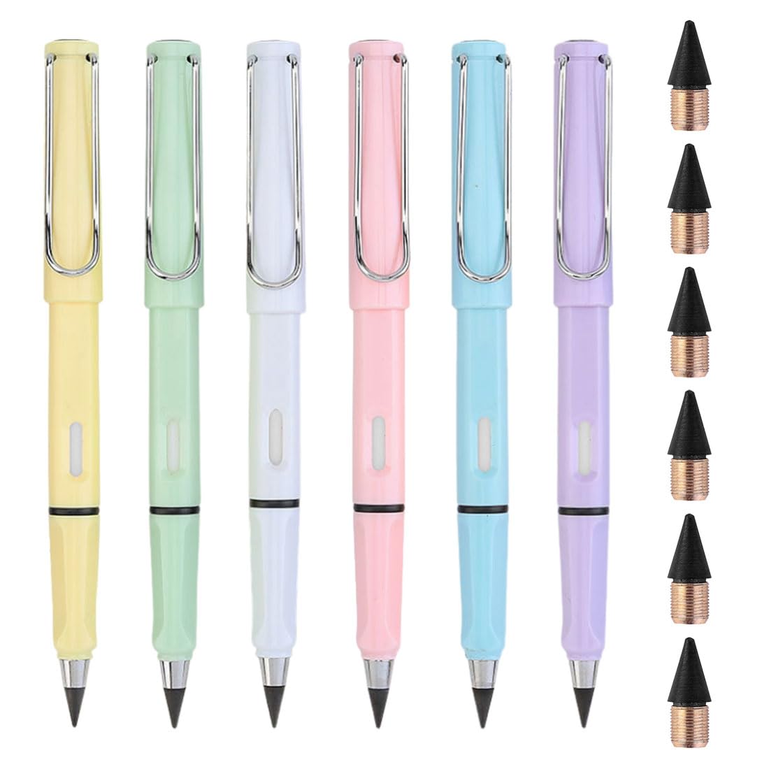 LEEQ 6pcs Lapiz Infinito - Lapiz Eterno sin Tinta para la Escritura de los Estudiantes, Lapiz Eterno con 6 Gomas de borrar y 6 Minas de Repuesto, la cartografía técnica, Dibujo, Regalo