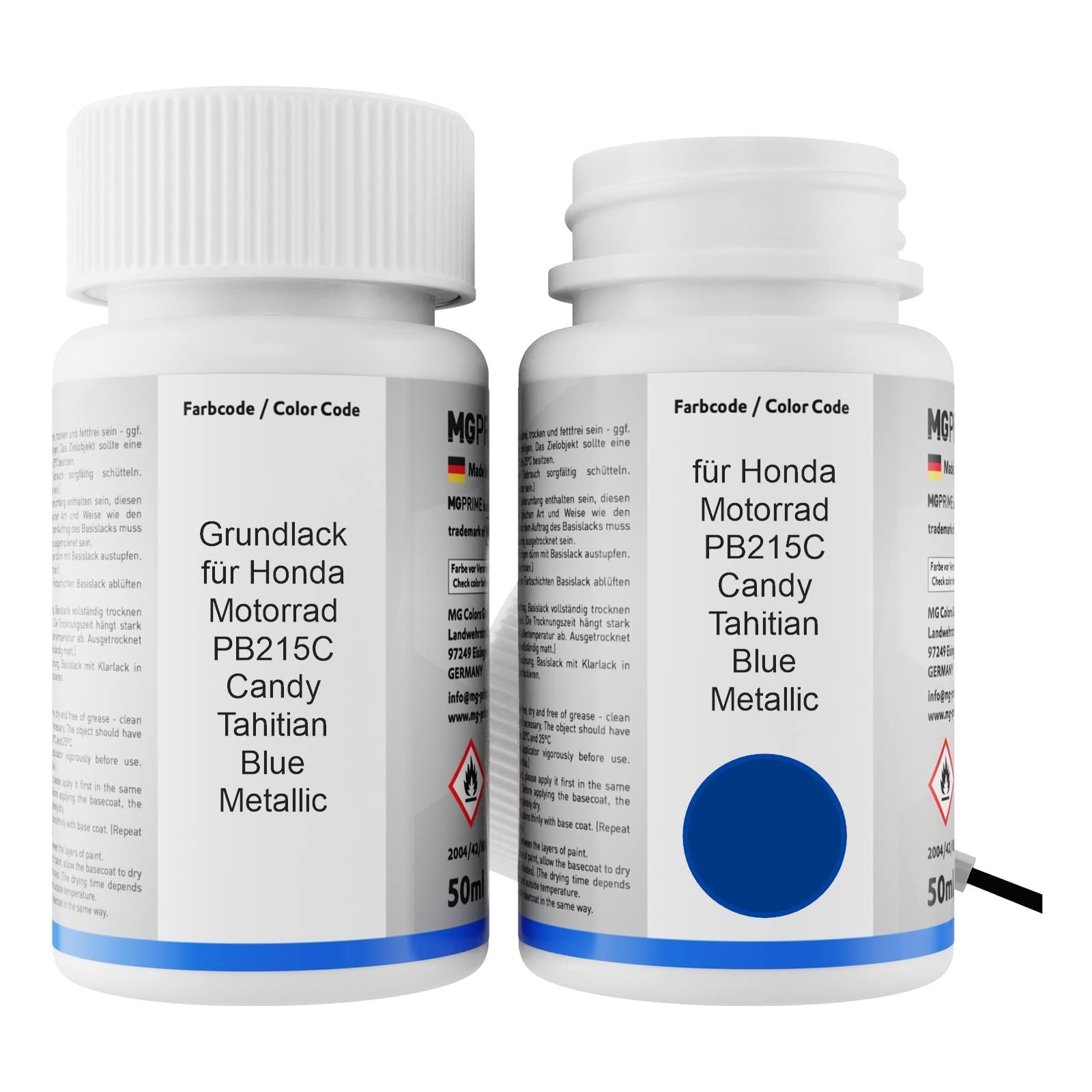 MG PRIME Vernice per moto Kit stilo di ritocco per Honda Motorrad PB215C Candy Tahitian Blue Metallic Vernice di fondo vernice di base vernice trasparente ognuno 50ml
