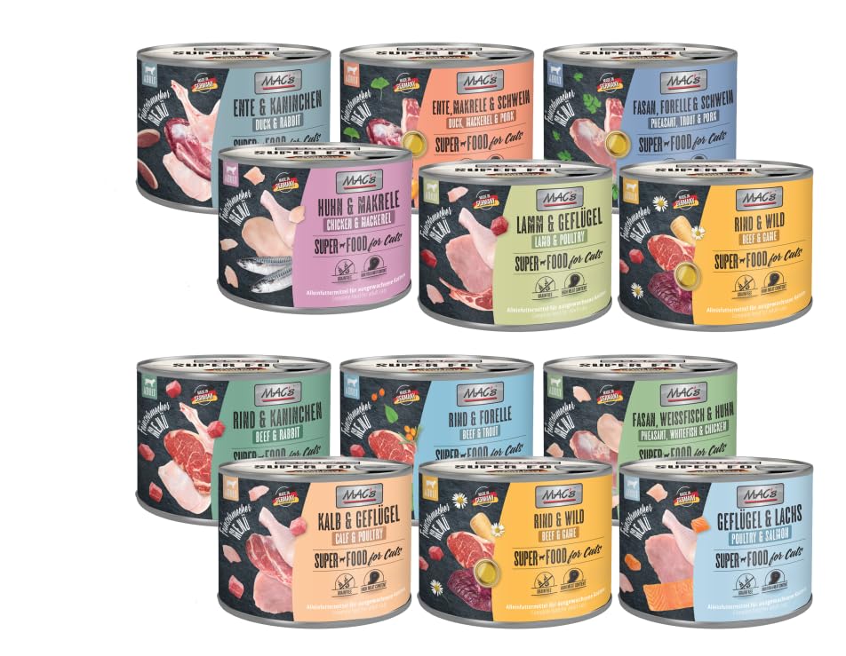 Mac's Cat Feinschmecker Katzenfutter 12x 200g | Garantierter 6 Sorten Mix | Auch als 6er Oder 12er Erhältlich | Getreidefreies Nassfutter für Katzen