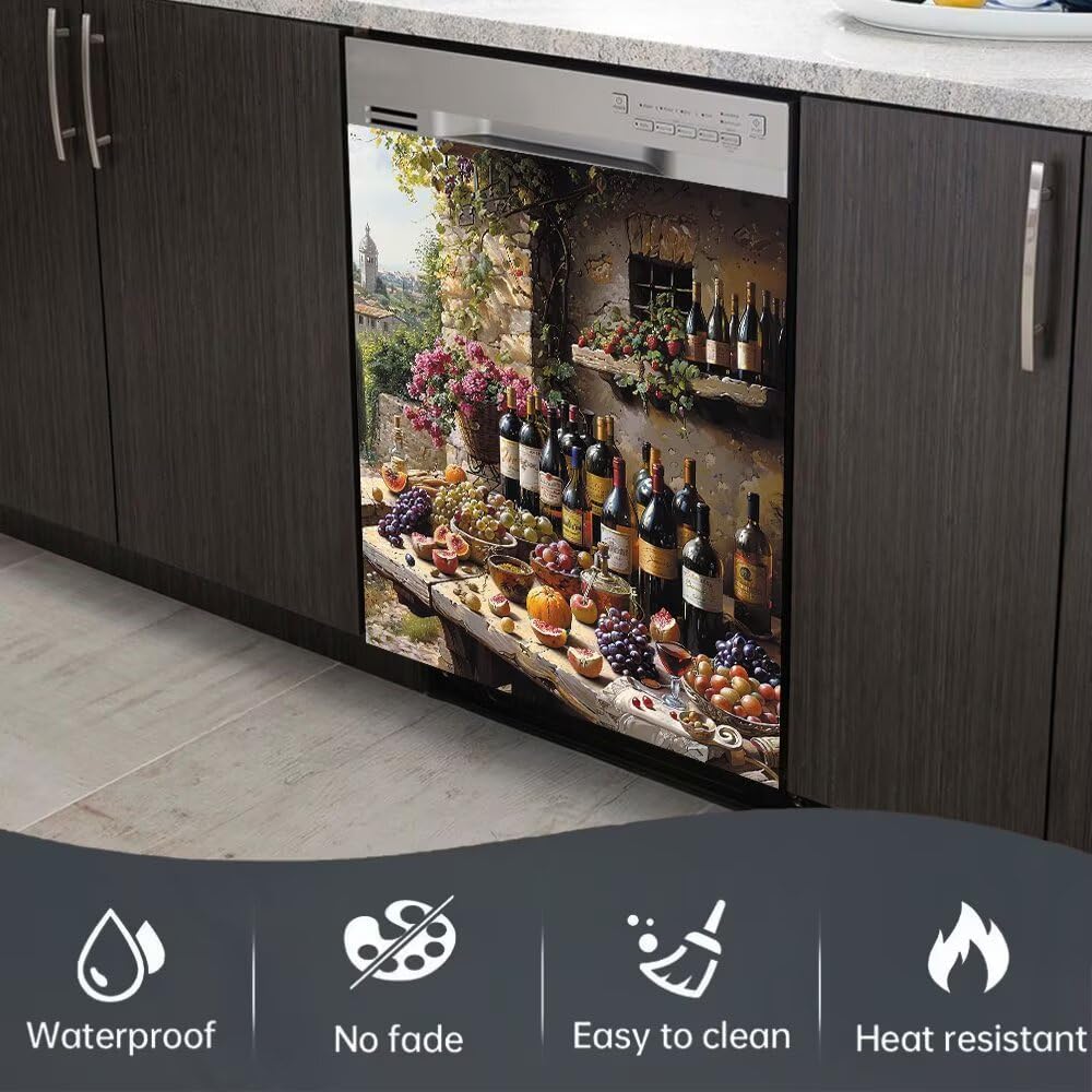 Grape and Wine Refrigerator Door Panel Decal Country Wine Dishwasher Decorative Cover Fruit Plate Sticker Kitchen Decor Creative Magnetic Cover,Retro Magnets for Fridge