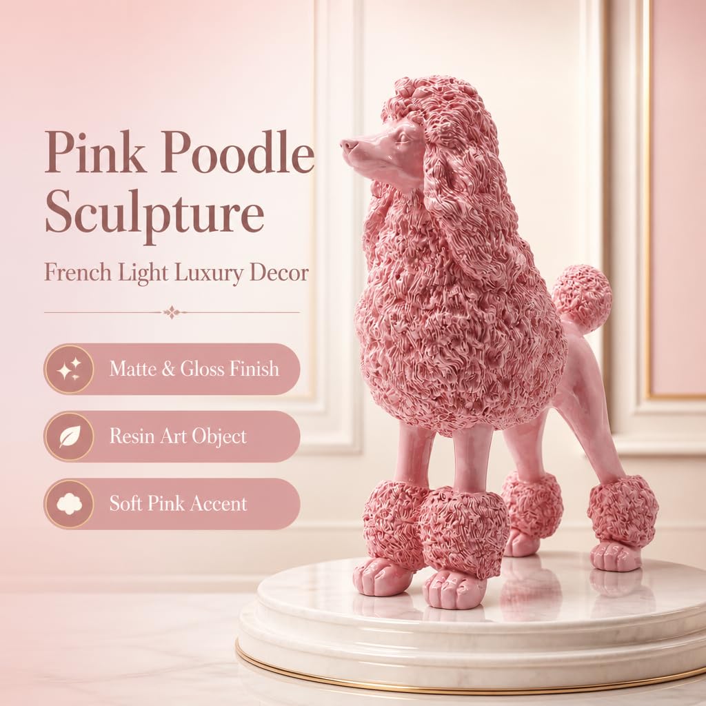 Statua di barboncino rosa, scultura a forma di cane in piedi, decorazione per la casa, decorazione in resina per ufficio, soggiorno, camera da letto, mensole