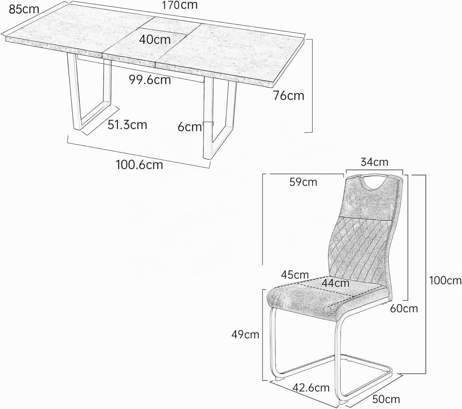 JIEXI - Mesa Extensible de Comedor MDF, 4 – 6 Personas de Cocina de Madera con Estructura metálica para Comedor, Cocina (130-170 cm Mesa de Comedor + 6 sillas Grises - A)