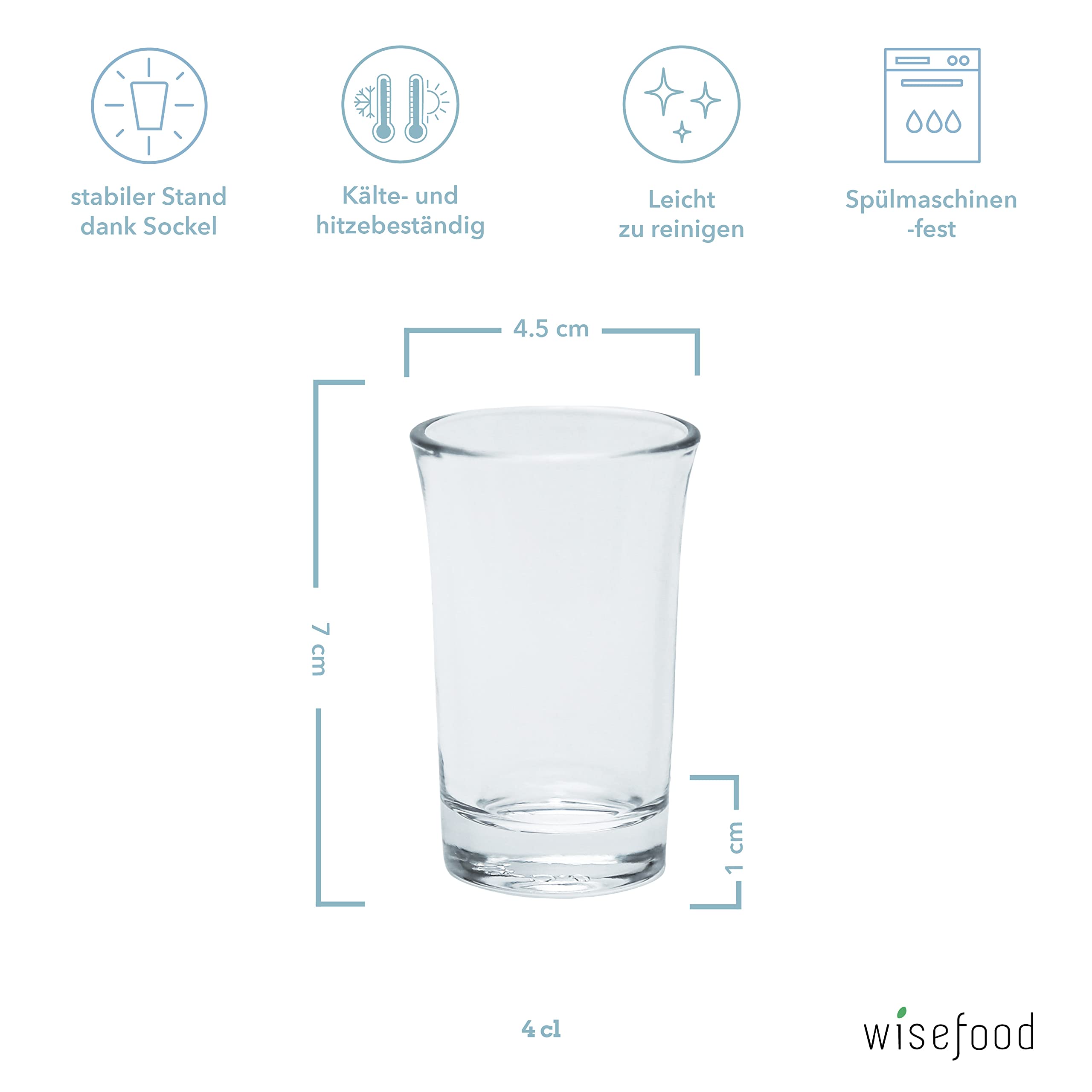 wisefood 48 vasos de chupito de cristal, 4 cl, incluye 4 vertedores, aptos para lavavajillas, estables, vasos de chupito para cualquier fiesta, reutilizables y boquilla