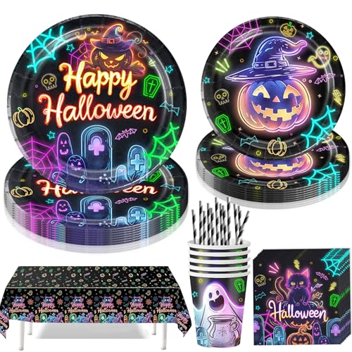 51 Stück Halloween Partygeschirr Set,Halloween Neon Papier...