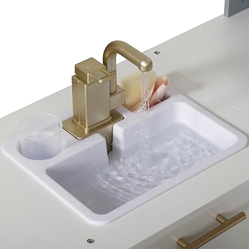 Miniatura 6 de Juego de cocina grande de madera con agua corriente real, dispensador de agua 2 en 1 con máquina de hielo, estufa de juego con luz y sonidos para