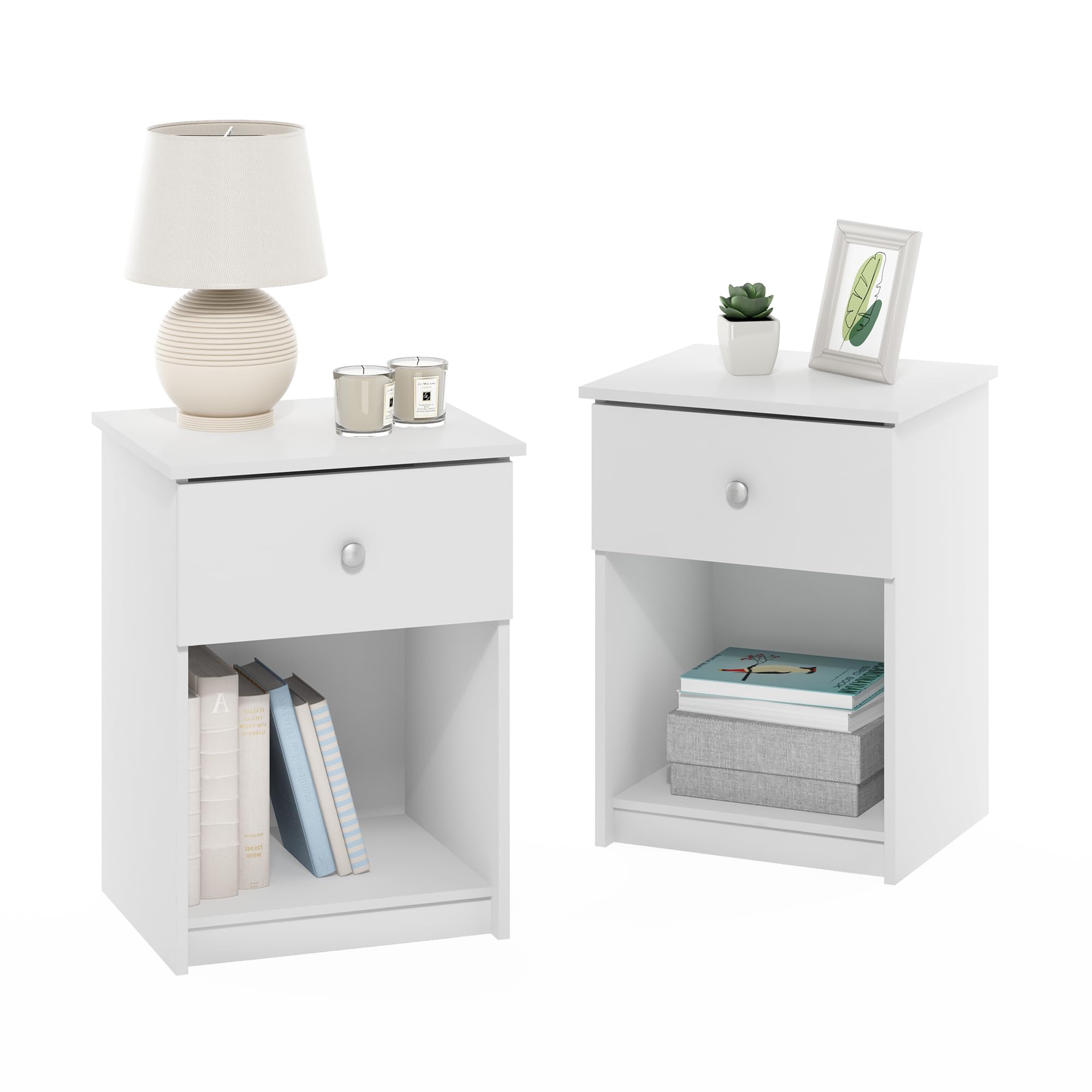 Furinno TIDUR Night Stand Set of 2, Modern Nightstand with Drawer, Bedside Table with Storage Shelf, End Table, Side Table, Knob Handle Drawer, for Bedroom, Living Room, Plain White