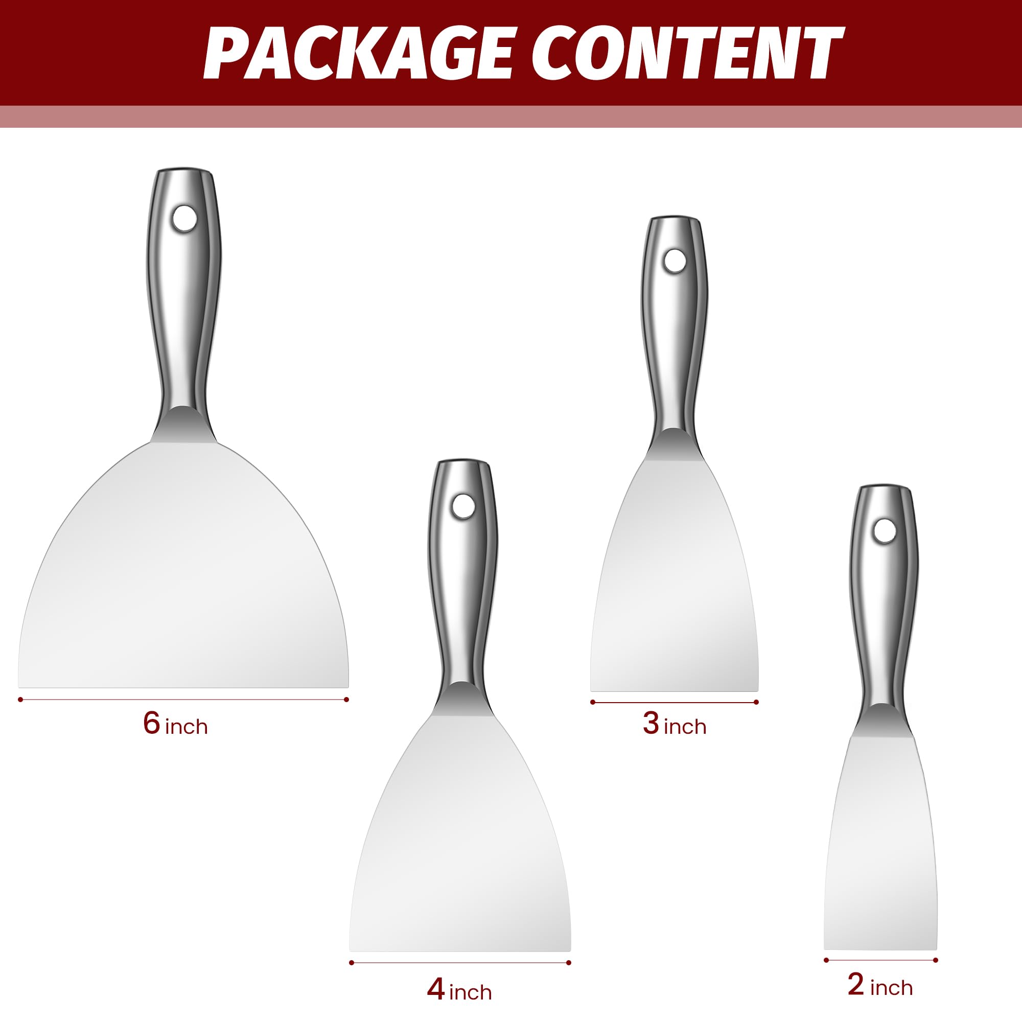 Lot de 4 couteaux à mastic de 5,1 cm, 7,6 cm, 10,2 cm, 15,2 cm en une seule pièce en acier inoxydable poli de qualité supérieure pour la finition des cloisons sèches, lame de mastic de qualité