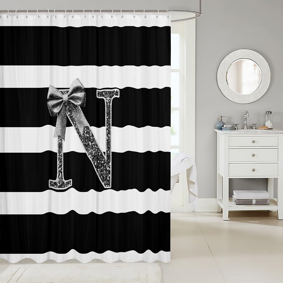 Erosebridal Monogram Letter N Shower Curtain 72" W X 72" L Black Bowknot Bath Curtain Personalized Initial Stripes Fabric Shower Curtains for Teens Adult Women Bow Tie Bathroom Waterproof Accessories image 2