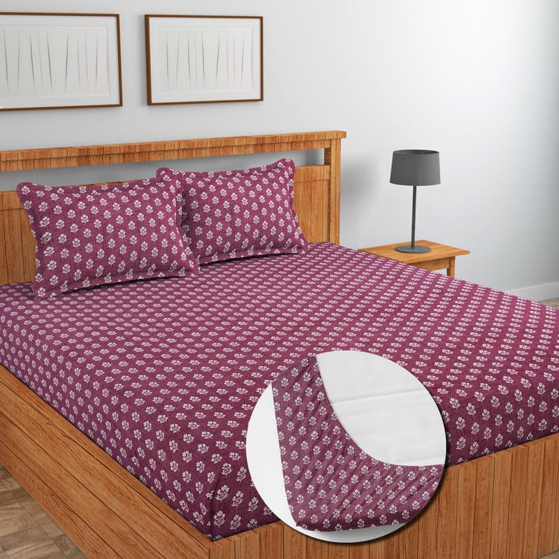 Image of NEW LEAF Glace Cotton Fitted King Size Double Bedsheets with 2 Pillow Covers | Elastic Fitted | Wrinklefree | Ultrasoft |Winter Bedsheet 220 tc tc Floral | 78 x 72+10 Inches, Bargandi