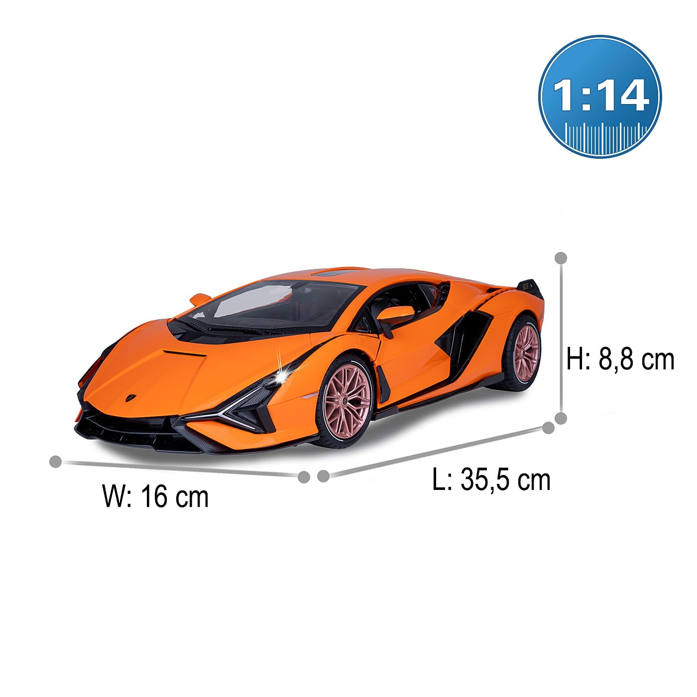 Jamara 403127 Lamborghini Sián 2,4 GHz 1:14 drzwi ręczne RC samochód, oficjalnie licencjonowany, do 1 godziny czasu jazdy, ok. 11 km/h, precyzyjnie odwzorowane szczegóły, szczegółowe wnętrze, pomarańczowy