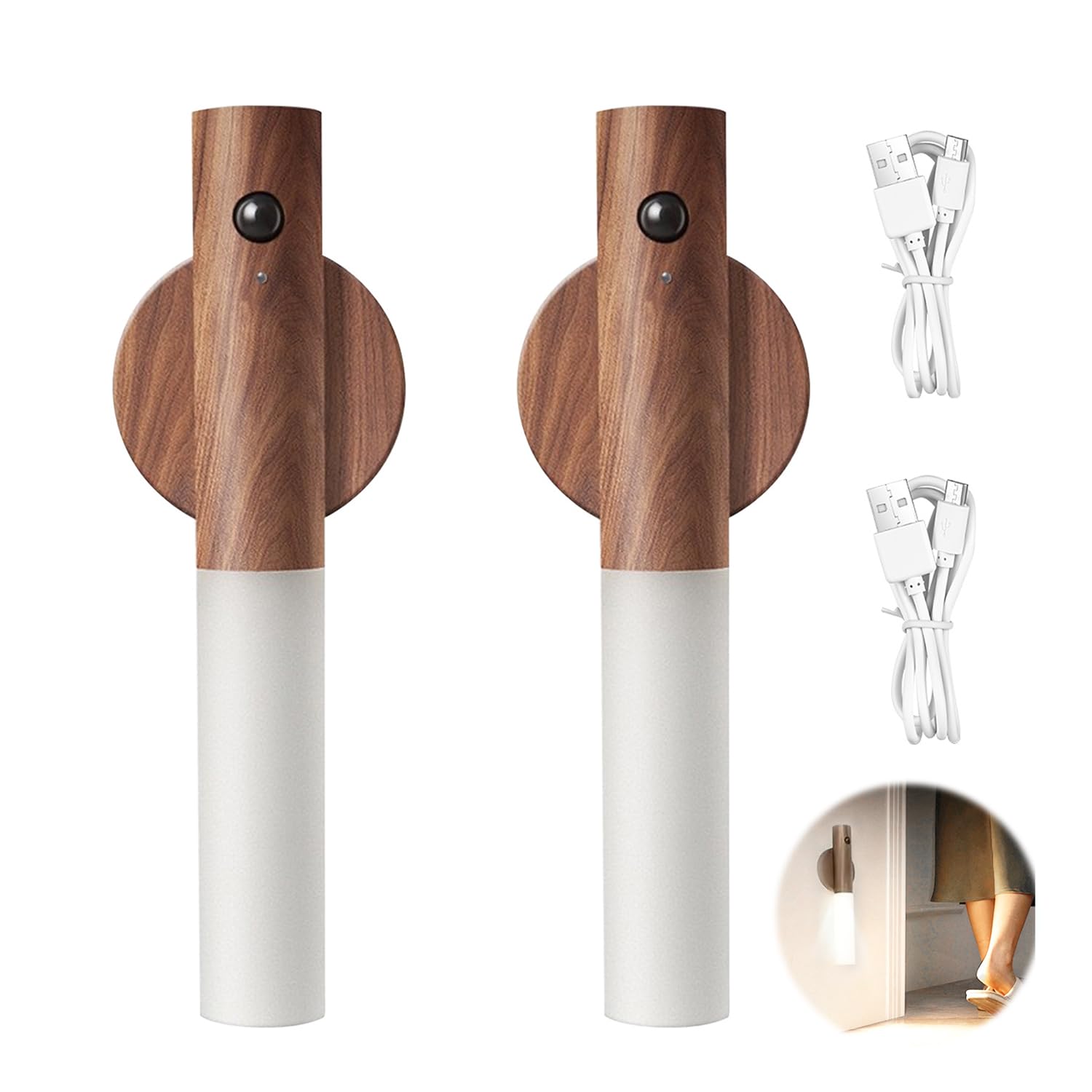 Motion Sensor Night Light, Wall Motion Sensor Night Light Wooden Portable Magnetic Strip Stick Night Lamp Rechargeable Wireless Wall Mounted Torch Lights for Indoor Hallway Stairway Porch (2, Walnut)