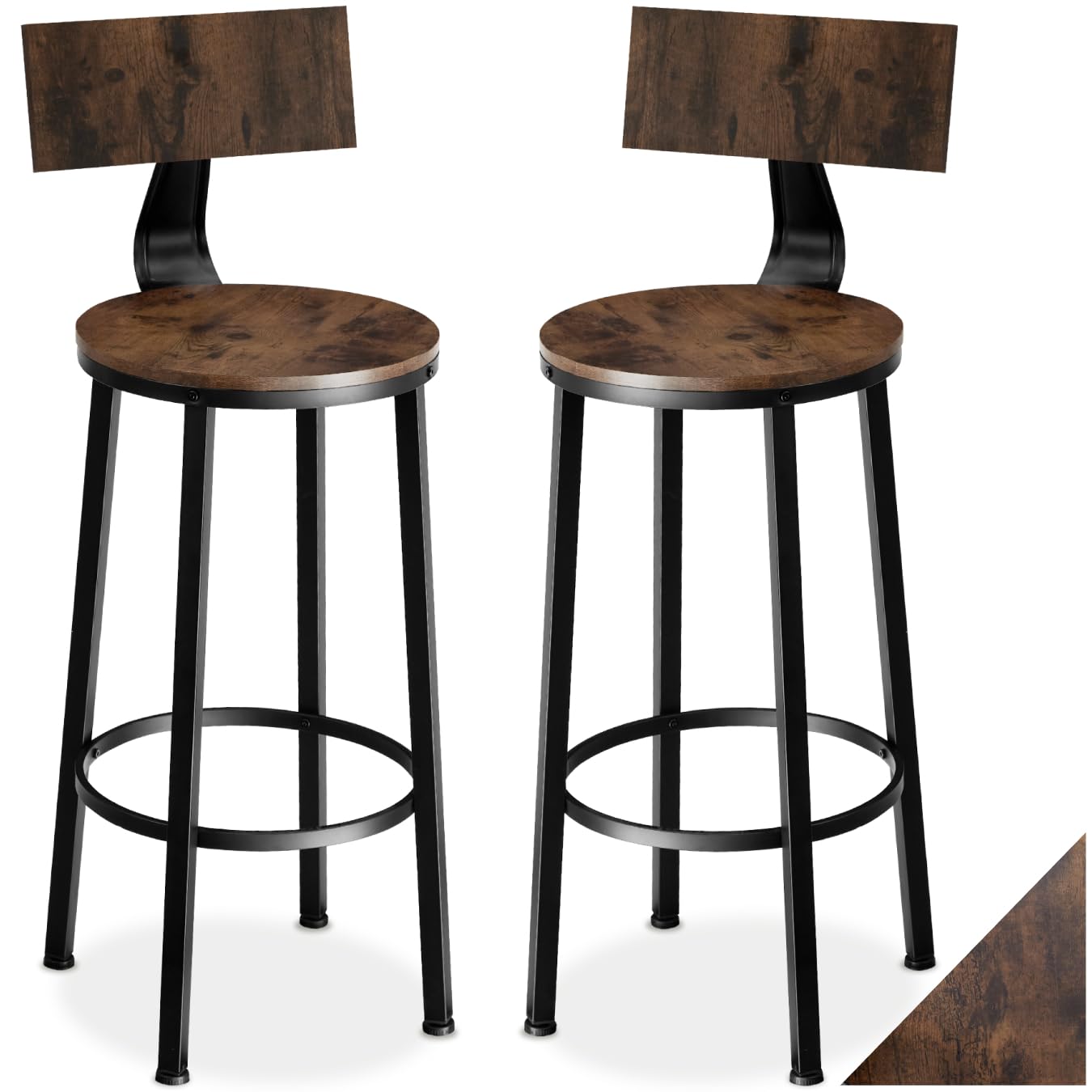 TecTake® Taburete con Respaldo, Taburete Alto Cocina con Estructura de Acero, Taburetes Madera para Isla Cocina Resistentes, Sillas de Comedor - Madera Industrial Oscura, Rústica