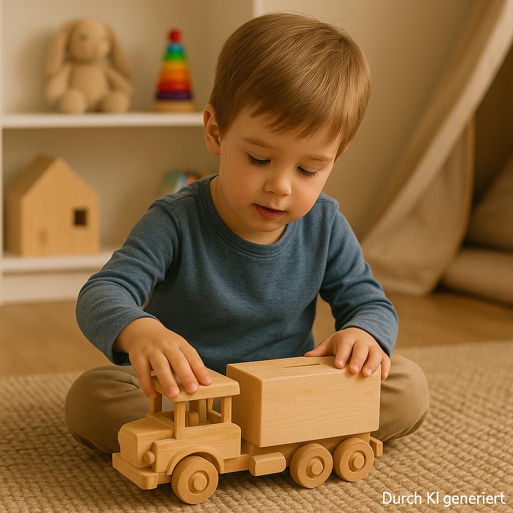 Dekohelden24 Tirelire en Bois Mobile Durable – Tirelire en Tant Que Camion XXL – Camion – Tirelire pour Enfants Camion – Grande Tirelire en Bois – Camion, L/l/H 30 x 11 x 15 cm.