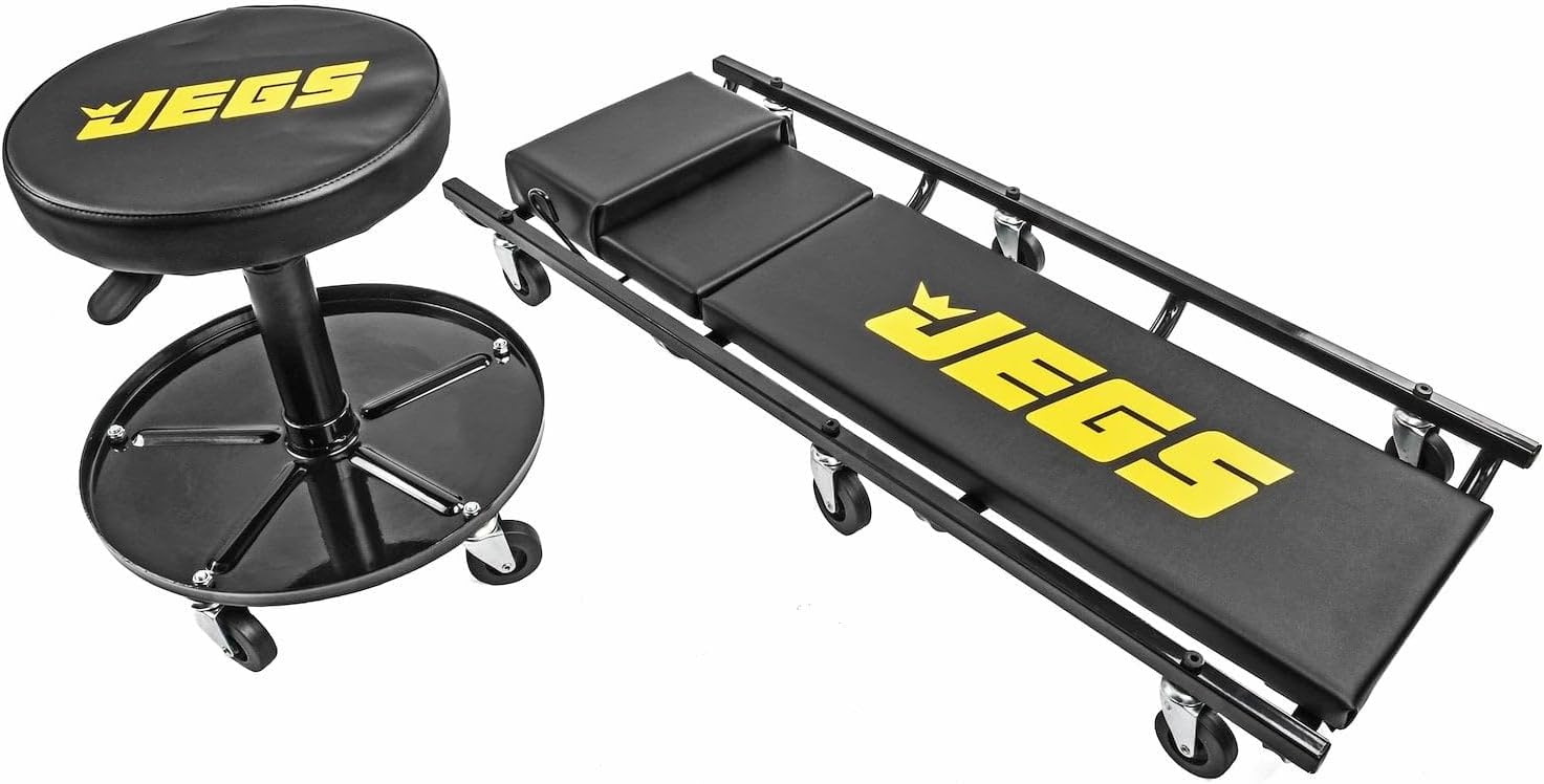 JEGS Automotive Creeper and Air Seat - Black Logo - 350 LBS Creeper Capacity - 250 LBS Seat Capacity - Memory Foam Padding - Adjustable Height Air Seat