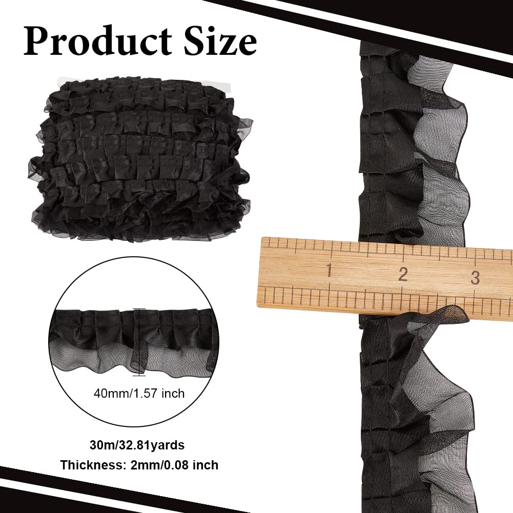 OLYCRAFT 32.8 Yards Double Ruffle Lace Trim 1.6 Inch Black Organza Trim Ruffled Pleated Lace Fabric Ribbon Pleated Edging Trimmings Fabric for Headband Clothes Sewing Embellishment