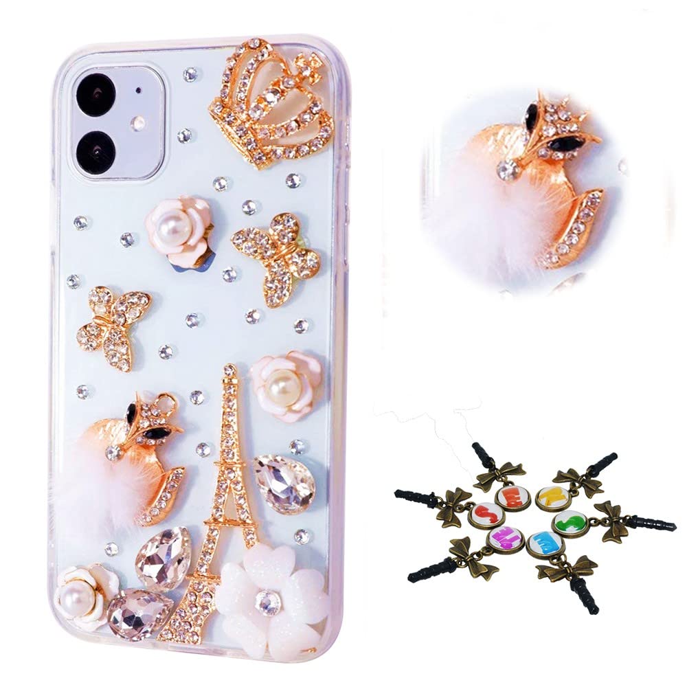 STENES Sparkle Phone Case Compatible with Moto G Play (2023) Case - STYLISH - 3D Handmade Girls Women Bling Crown Fox Eiffel Tower Butterfly Flowers Rhinestone Crystal Diamond Design Cover Case - Gold