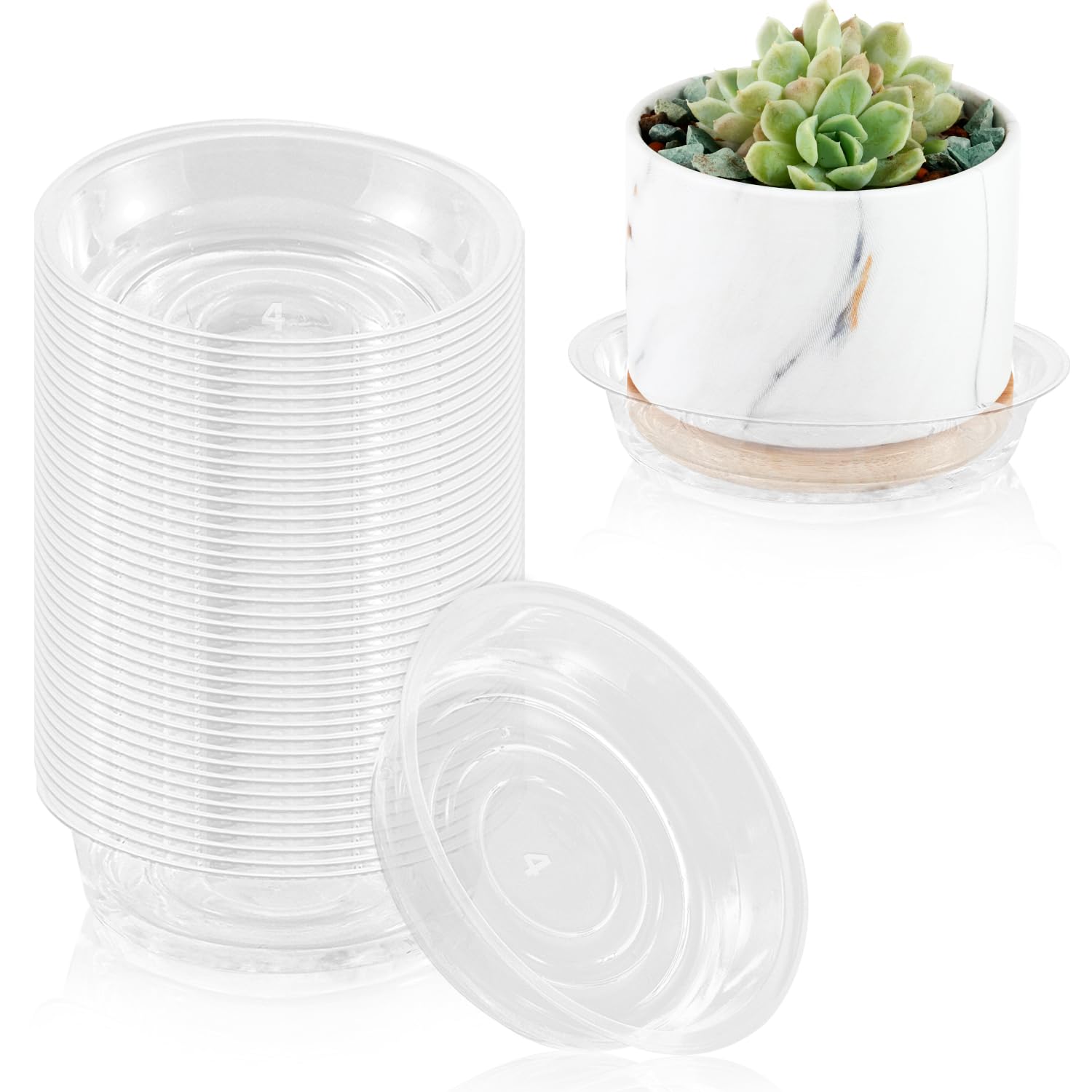 Photo 1 of Pack 4 Inch Plant Saucer Clear Plant Saucers for Indoors Flower Pot Saucers Small Plants Plate Dish Succulent Pot Saucer Plants Trays for Pots Bulk Plastic Tray for Flower Cactus Nursery Pots