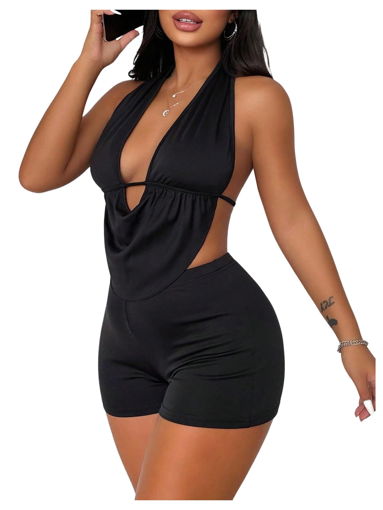 SOLY HUX Women's 2 Piece Outfit Cowl Neck Tie Backless Halter Top and Tight Mini Shorts Party Club Set