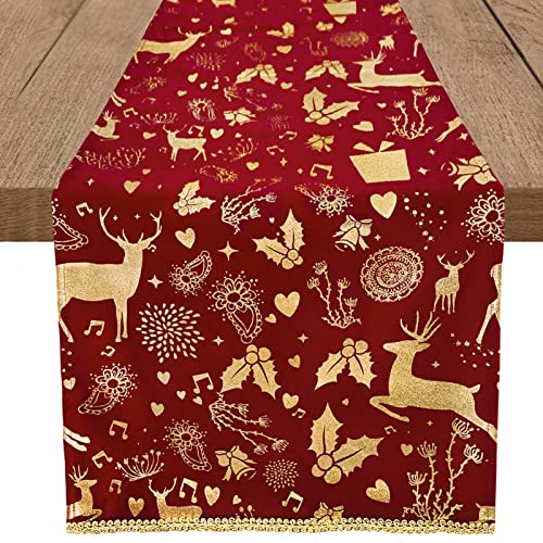 Whomeaf Lavish Christmas Red Gold Velvet Table Runner Winter Seasonal Bronzing Deer Table Runners Xmas Snowflake Merry Box Table Center Decor For Kitchen Dining Home Party (13X72 In) #TOP9