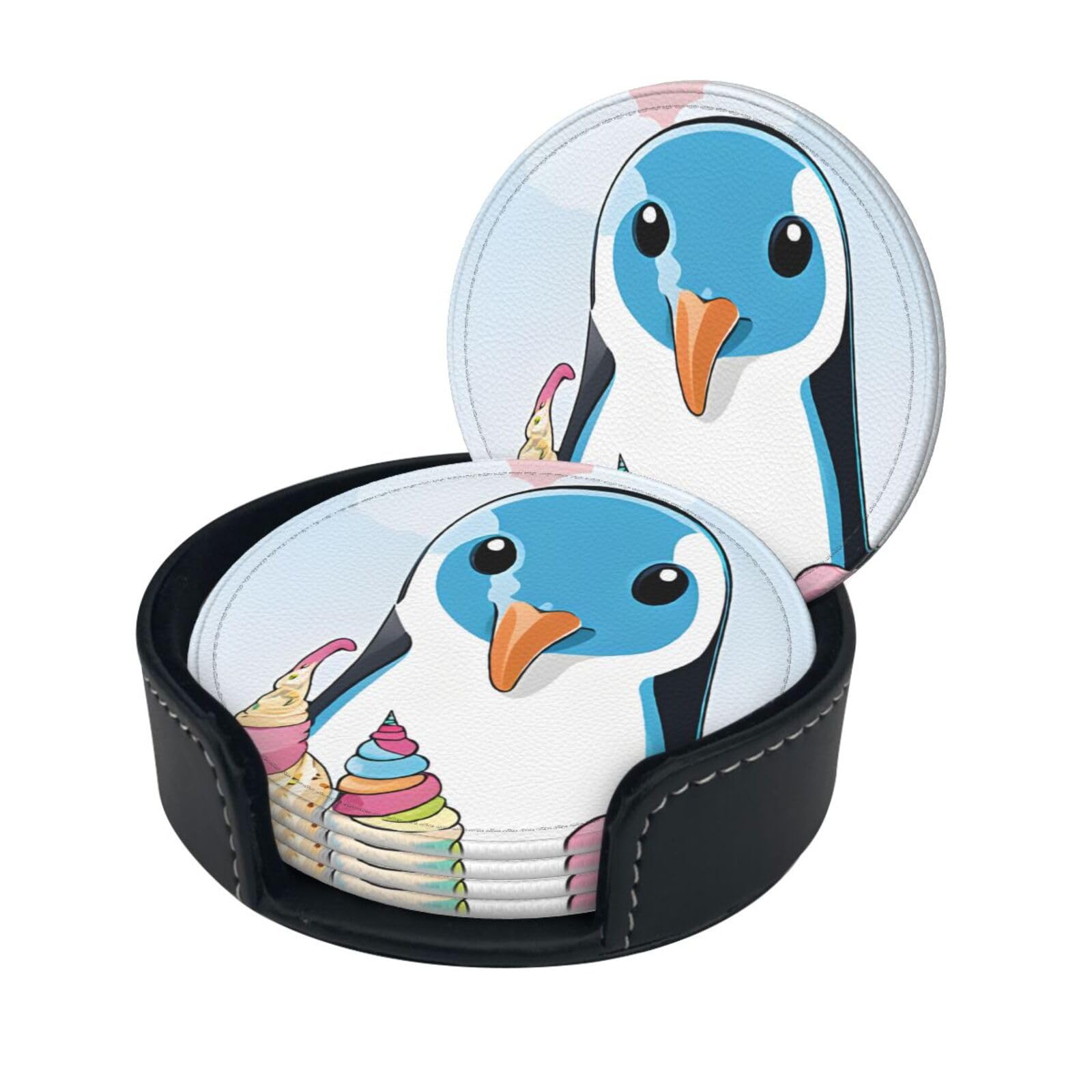 Penguins Print Coaster,Round Leather Coasters with Storage Box for Wine Mugs,Cold Drinks and Cups Tabletop Protection (6 Piece)