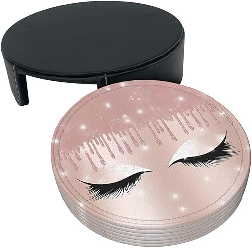 Miniatura 3 de Rose Gold Eyelashes Fashionable Printed Leather Coaster Set,A Set of 6 Pieces,4 Inches in Diameter,Adding an Artistic Atmosphere to Your Desktop