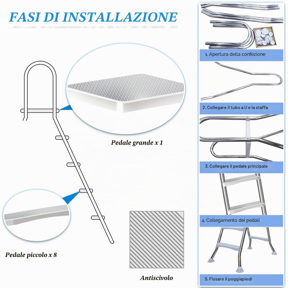 Scaletta Piscina Fuori Terra 132 a Doppia con 4 Gradini in Acciaio, Scala per Piscina Fuori Terra, Gradini per Piscina Fuori Terra, capacità di 250 kg