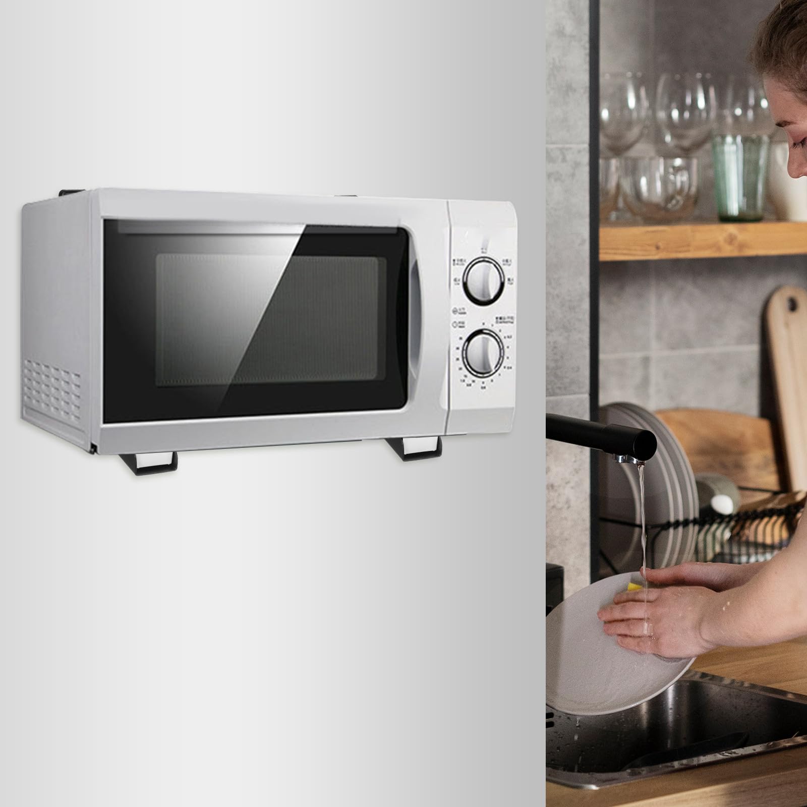 Angoily Support Mural pour Four à Micro-Ondes Pliable en Acier Inoxydable Noir Longueur Réglable Étagère Cuisine Robuste pour Rangement Optimisé et Gain de Place 1 Paire Usage